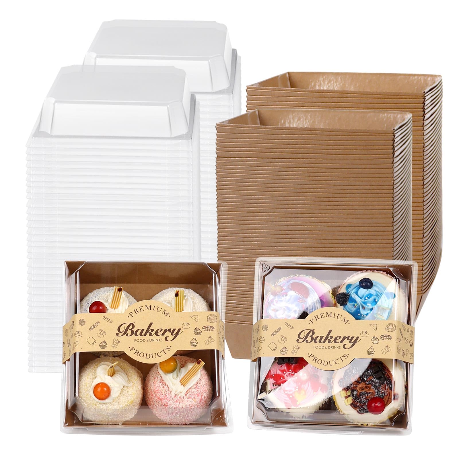 Paquete de 100 cajas de embutidos con tapas transparentes seguras, 5.3 x 4.9 x 2.5 pulgadas, cuadradas, desechables, color marrón, cajas de sándwich para galletas, fresas, pastelería, postres