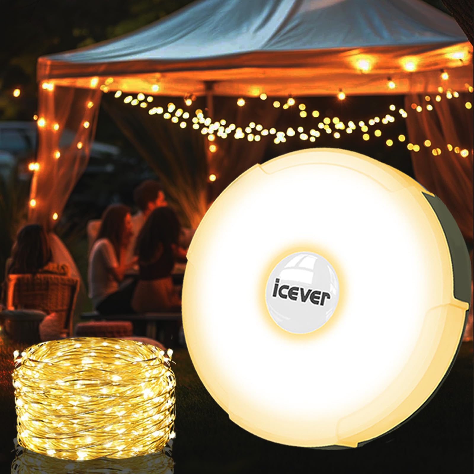 icever Camping String Lights, 32.8FT Rechargeable Waterproof Hanging Lamp Portable LED Light for Outdoor Camping Awning Tent Garden Party Yard Festival Decor (5 Lighting Modes) — image 1