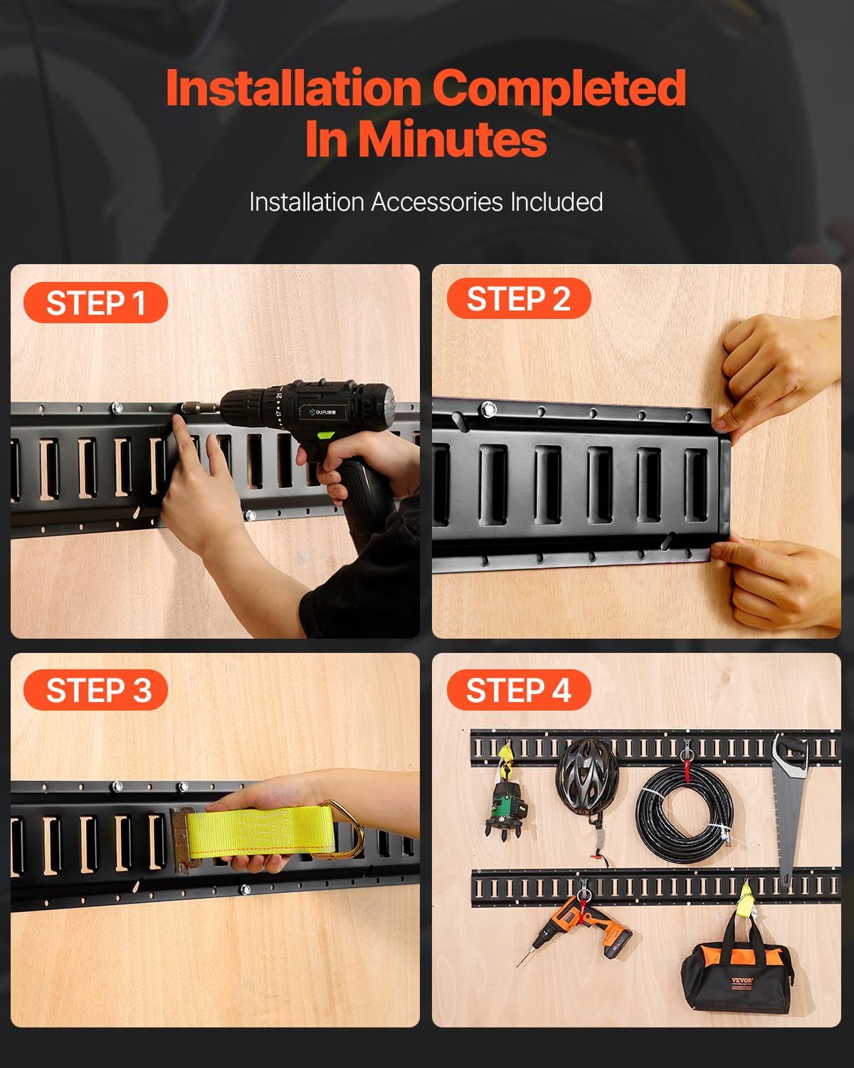 VEVOR E-Track Tie-Down Rail Kit, 5' E Tracks Set, 16Pcs Includes 4 Steel Rails & 2 Single Slots & 6 O-Rings & 4 Tie-Offs w/D-Ring & 2 Ratchet Straps, Cargo Motorcycles Bikes Securing Accessories