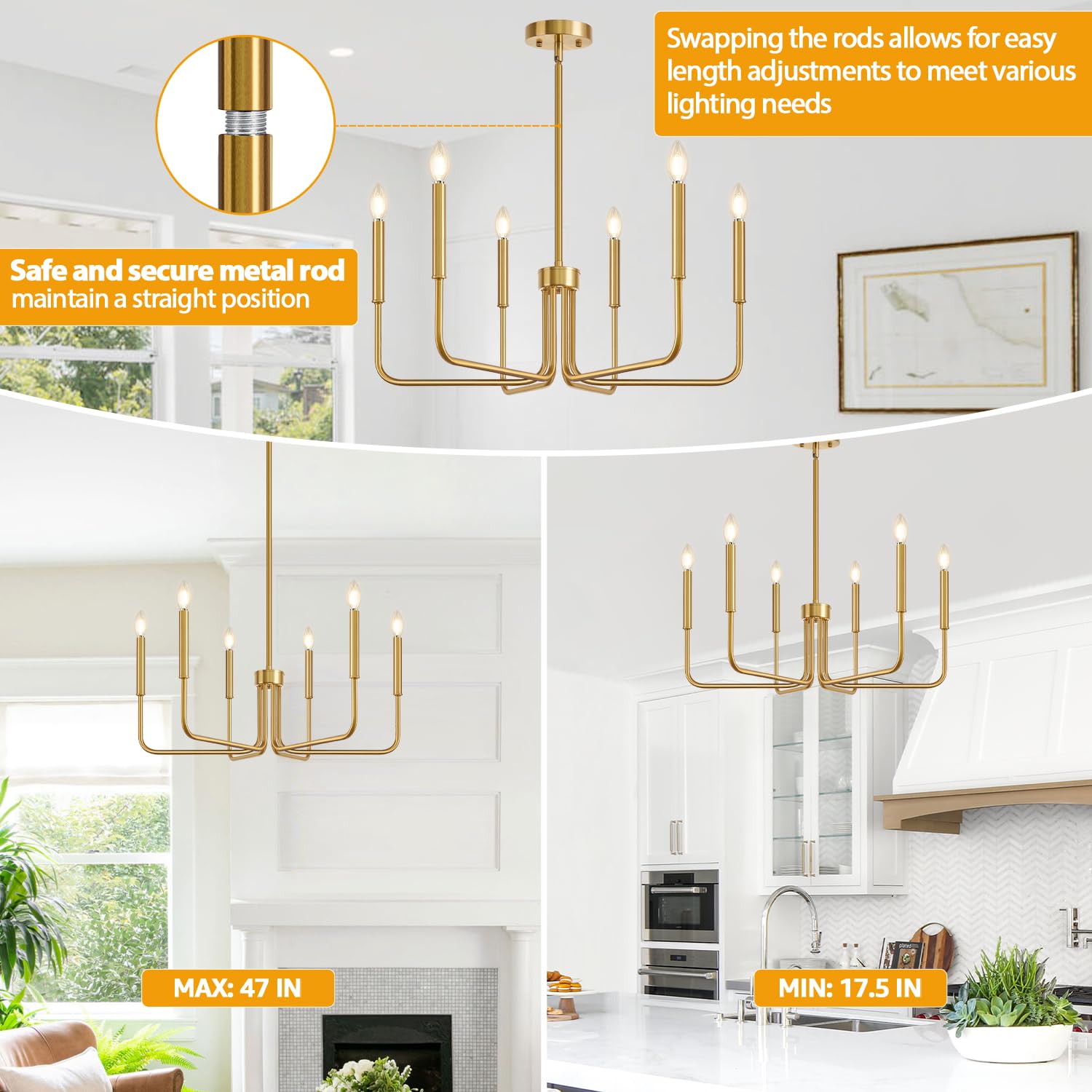 Lynnoland Brass Gold Chandelier, 6-Light Chandelier Light Fixture Farmhouse Chan — product photo