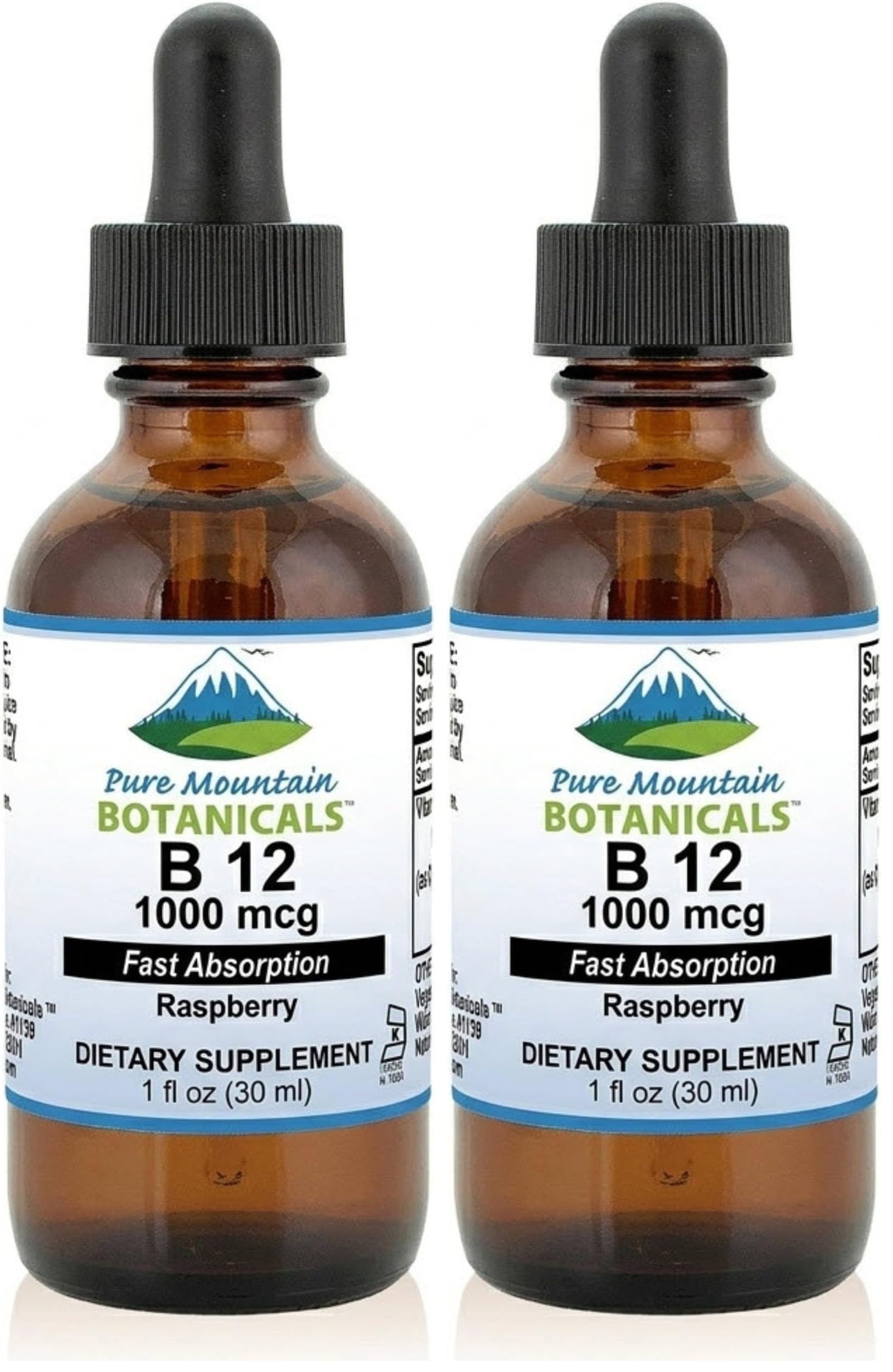 Pure Mountain Botanicals B12 1000 mcg - B12 Complex - Natural Berry Flavor - 30 Servings - Liquid Drops Vitamin - Kosher Supplement (Pack of 2) 1 Fl Oz (Pack of 2)