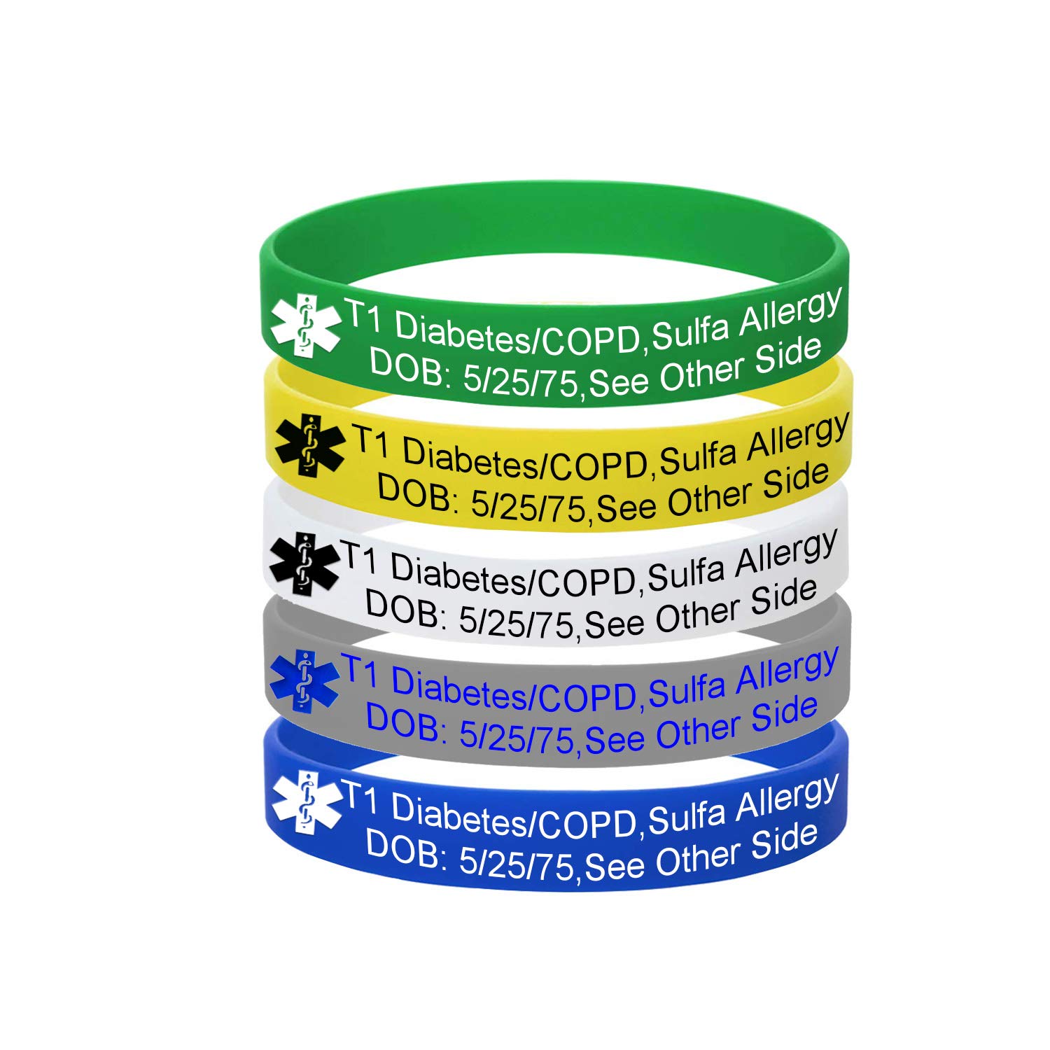 5 Color Pack-Personalized Engraved Medical Alert ID Jewelry Food Drug Allergy Bracelets,100% Silicone Rubber ID Survivor Bracelet Band,Emergency Contact Bracelet,Diabetes Bracelet,5.5"-7.9"