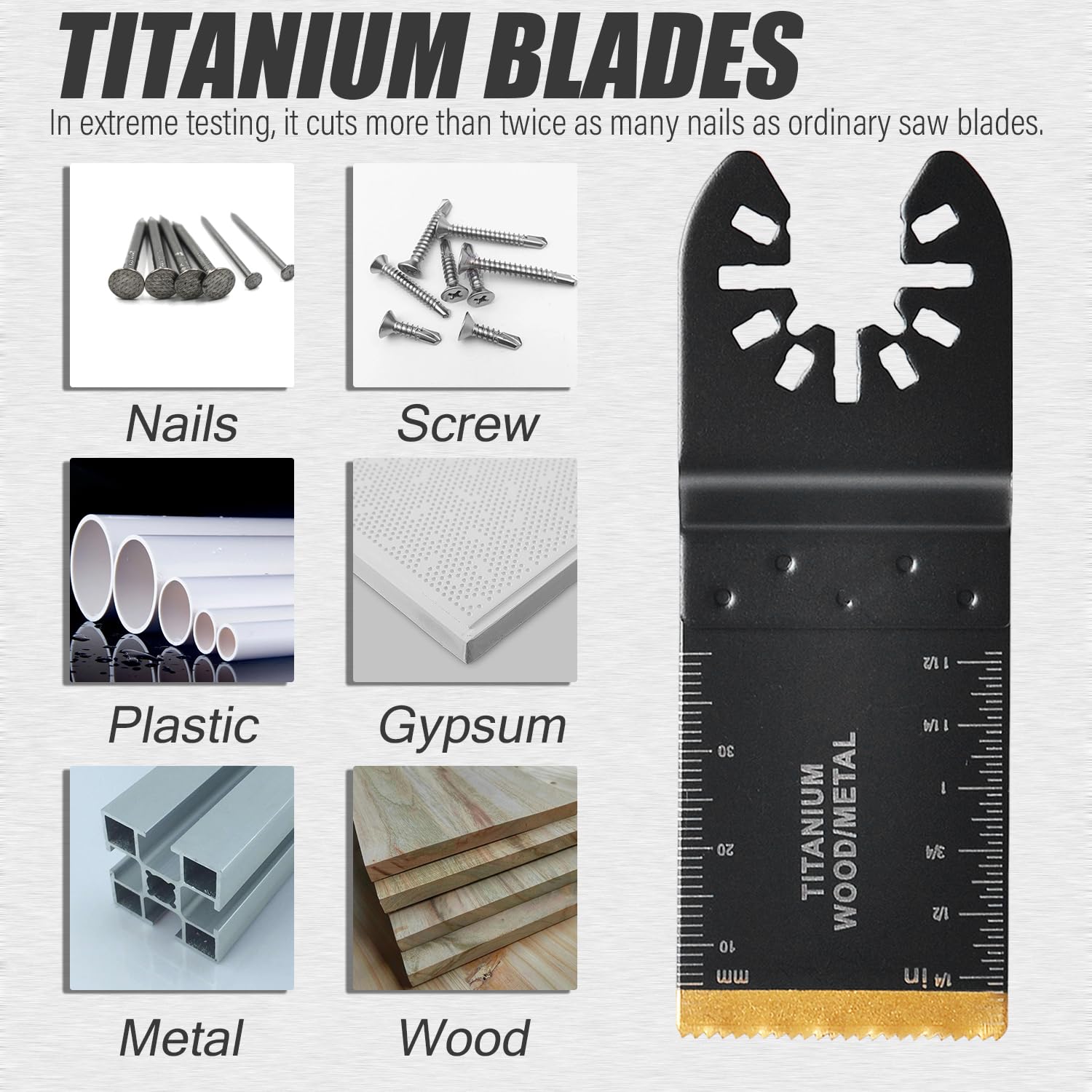 Adust Paquete de 106 hojas de sierra oscilantes con funda, cuchillas universales multiherramienta, hoja de herramienta oscilante, borde de arco, extra largo, titanio, bimetálico para madera, metal y