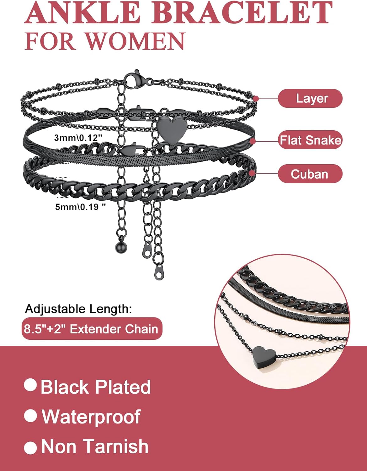 FOCALOOK Anklet Bracelets Set for Women, 14K Gold Plated Waterproof Cuban Link Chain Layered Anklets Set for Plus Size Ankle 8-10.5 Inch Adjustable Summer Beach Jewelry Gift