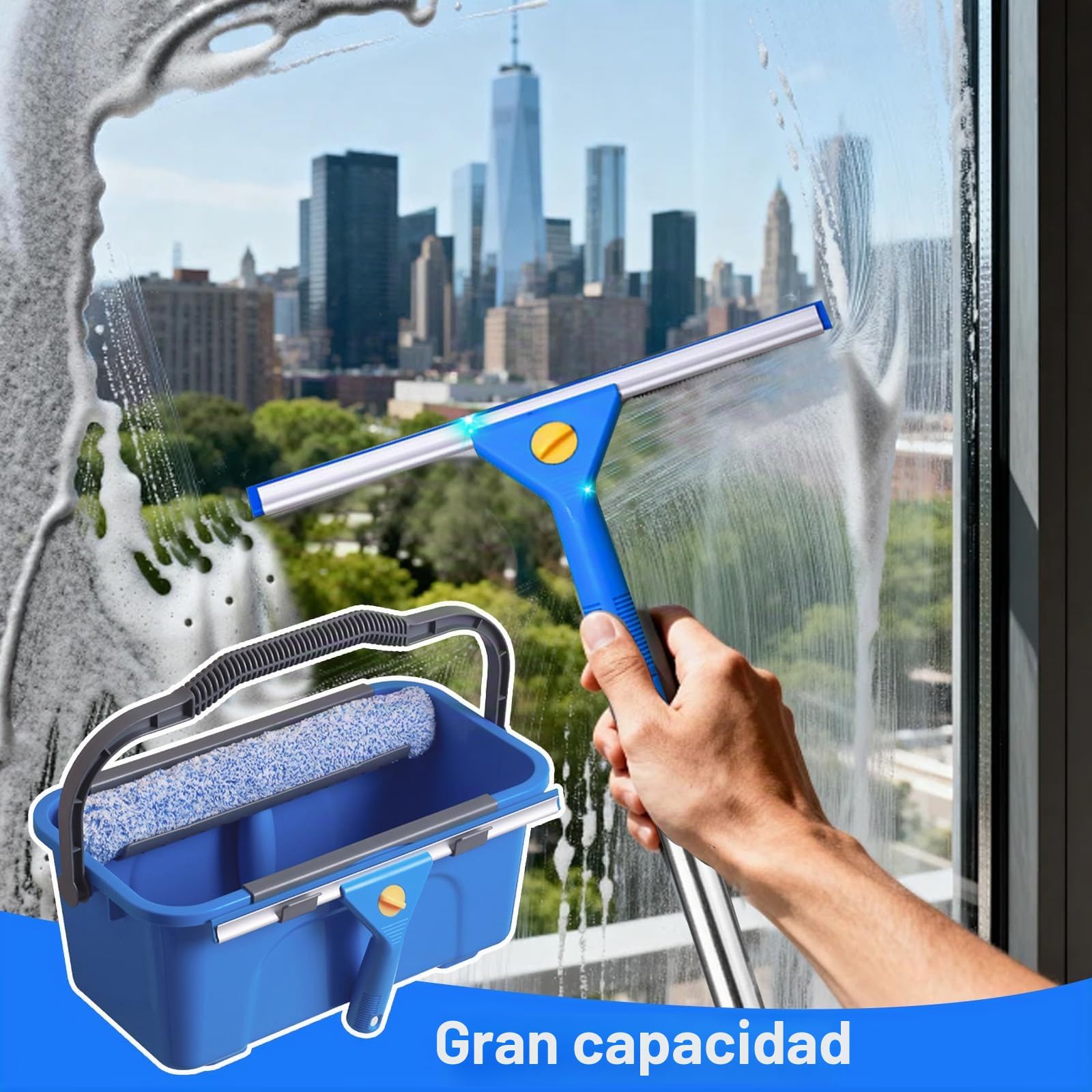 Set de limpieza de ventanas, limpiacristales con cubo de 12 l, escobilla para ventanas, paño de microfibra y paño para cristales, set de limpieza de ventanas para el hogar (4 varillas extensión 40 cm)