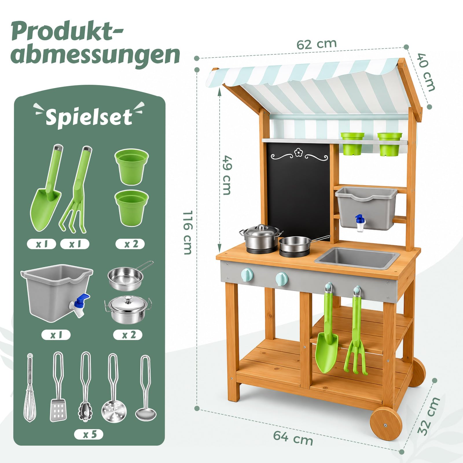 Matschküche Kinder Outdoor Holz mit Wasserdichtem Dach & Rädern, Kinderküche mit Wassertank Wasserhahn Kreidetafel & Spielküche Zubehör Set, Matschtisch Mud Kitchen Gartenspielzeug für Jungen Mädchen