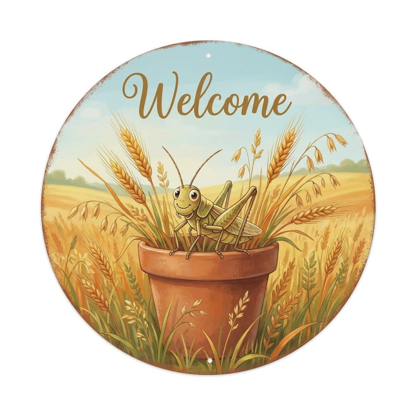 Welcome Grasshopper Wheat Field Vintage Metal Tin Sign Plaque Wall Decor for Cafe, Club Bar, Office, Garden Metal Poster 8x8Inch