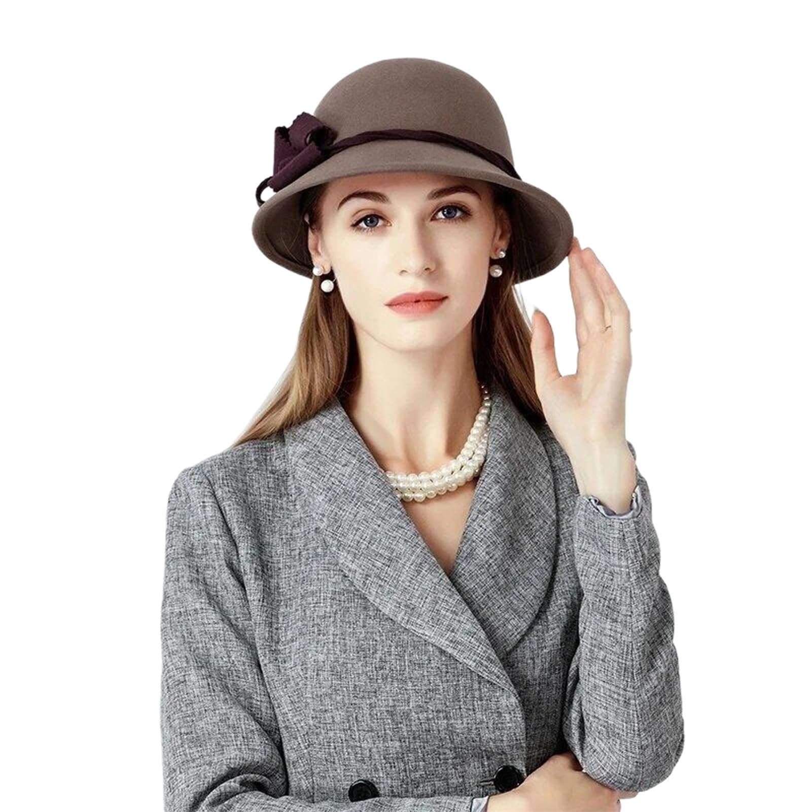 Cappelli a Bombetta a Tesa Larga in Feltro di Lana Grigio Scuro per Donna, Cappelli da cappellaio Nero, Cappelli a Cloche da Donna, Autunno Inverno (Grigio Scuro, 53-57 cm, M)