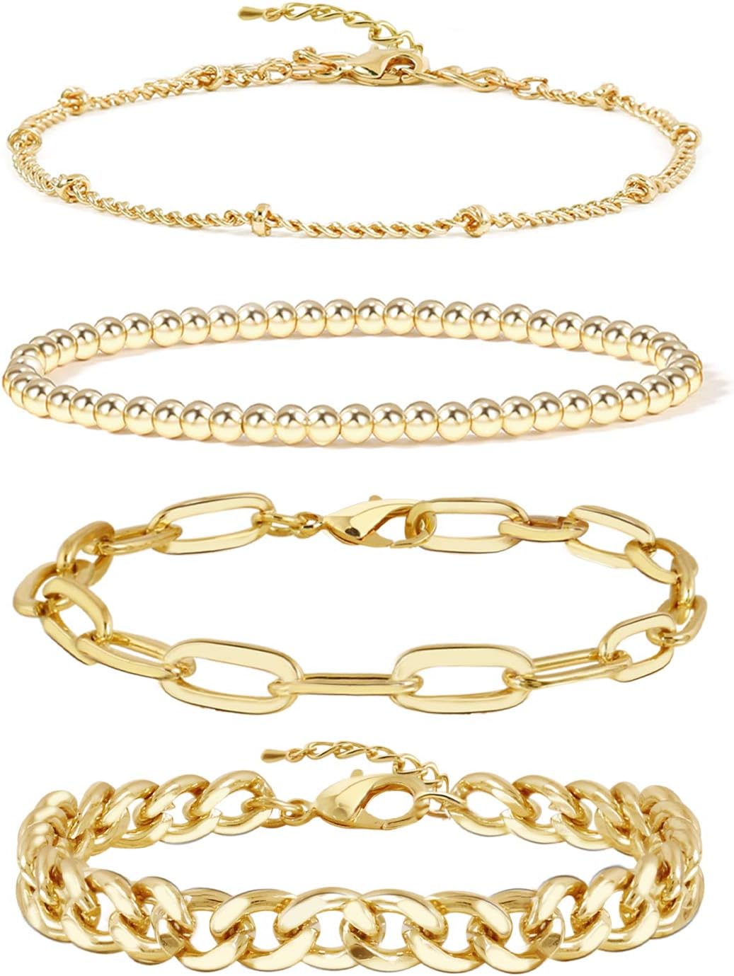 Gold Bracelets for Women14K Gold Plated Dainty Link Paperclip Bracelet Stack Gold Small Ball Beads Bracelets Adjustable Layered Metal Link Bracelet