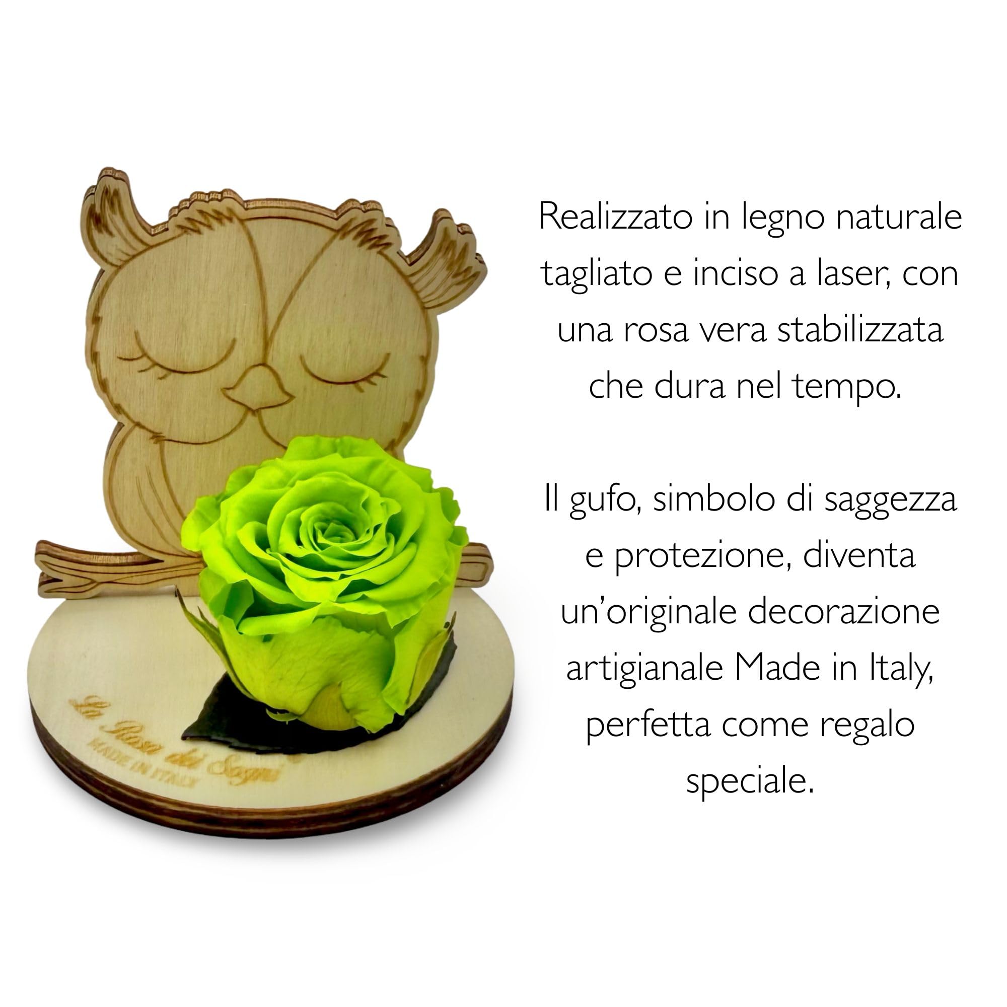 Rosa Stabilizzata con Gufo in Legno Intaglio Laser– Fiore Naturale a Lunga Durata, Scatola Elegante – Made in Italy (Giallo)