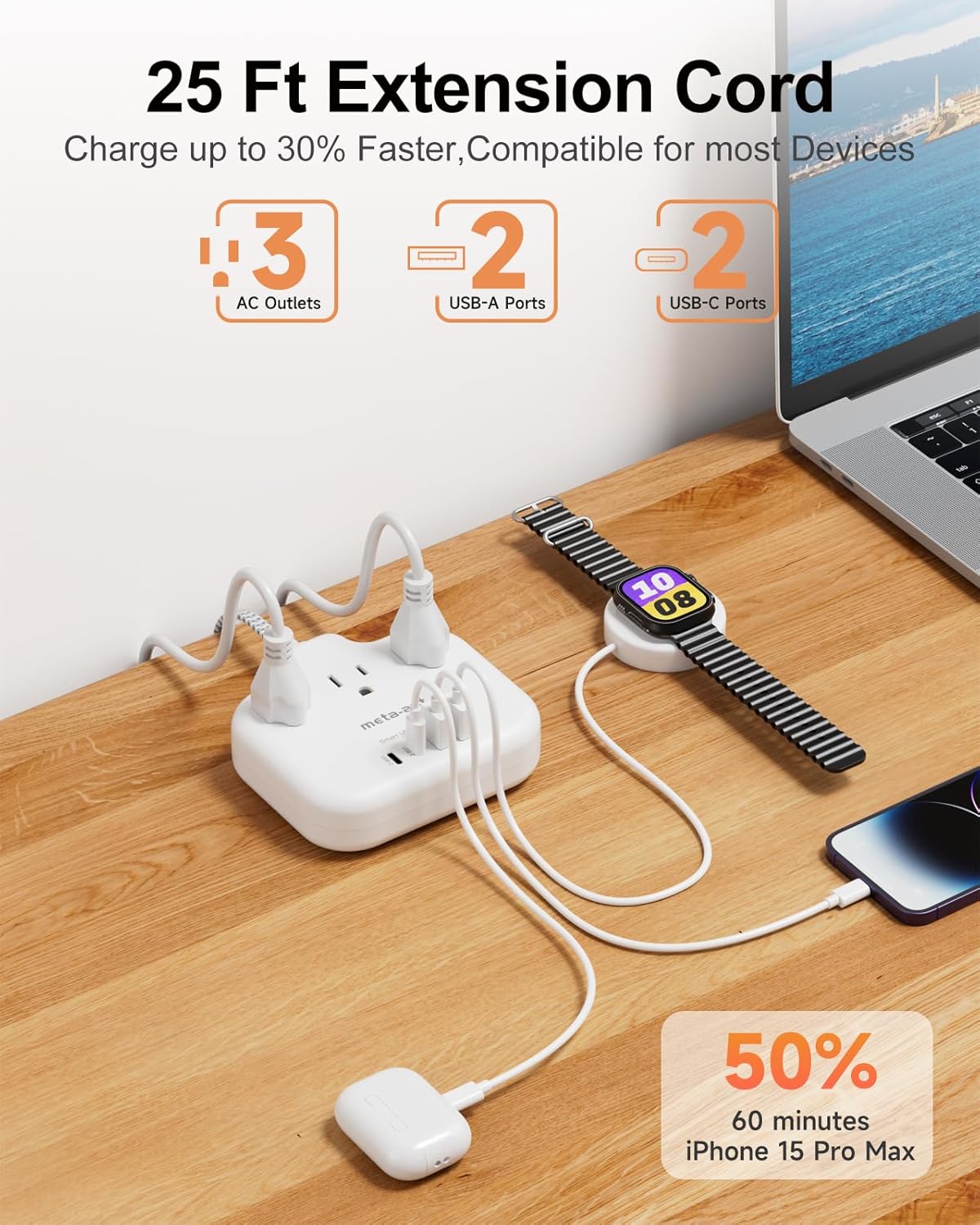 25FT Extension Cord with USB C - White Flat Plug Braided Extension Cord with 3 Outlets & 4 USB Ports (2 USB-C), No Surge Protector for Home, Office, Studio, Behind TV