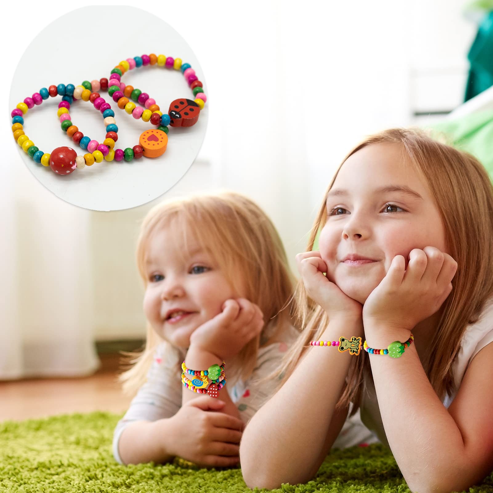 EUGENEKELLY Pulsera para niñas, pulseras de madera de colores para niños, 12 unidades, obsequios para cumpleaños infantiles, regalos de invitados, pulsera de la amistad para niños, joyas para niños