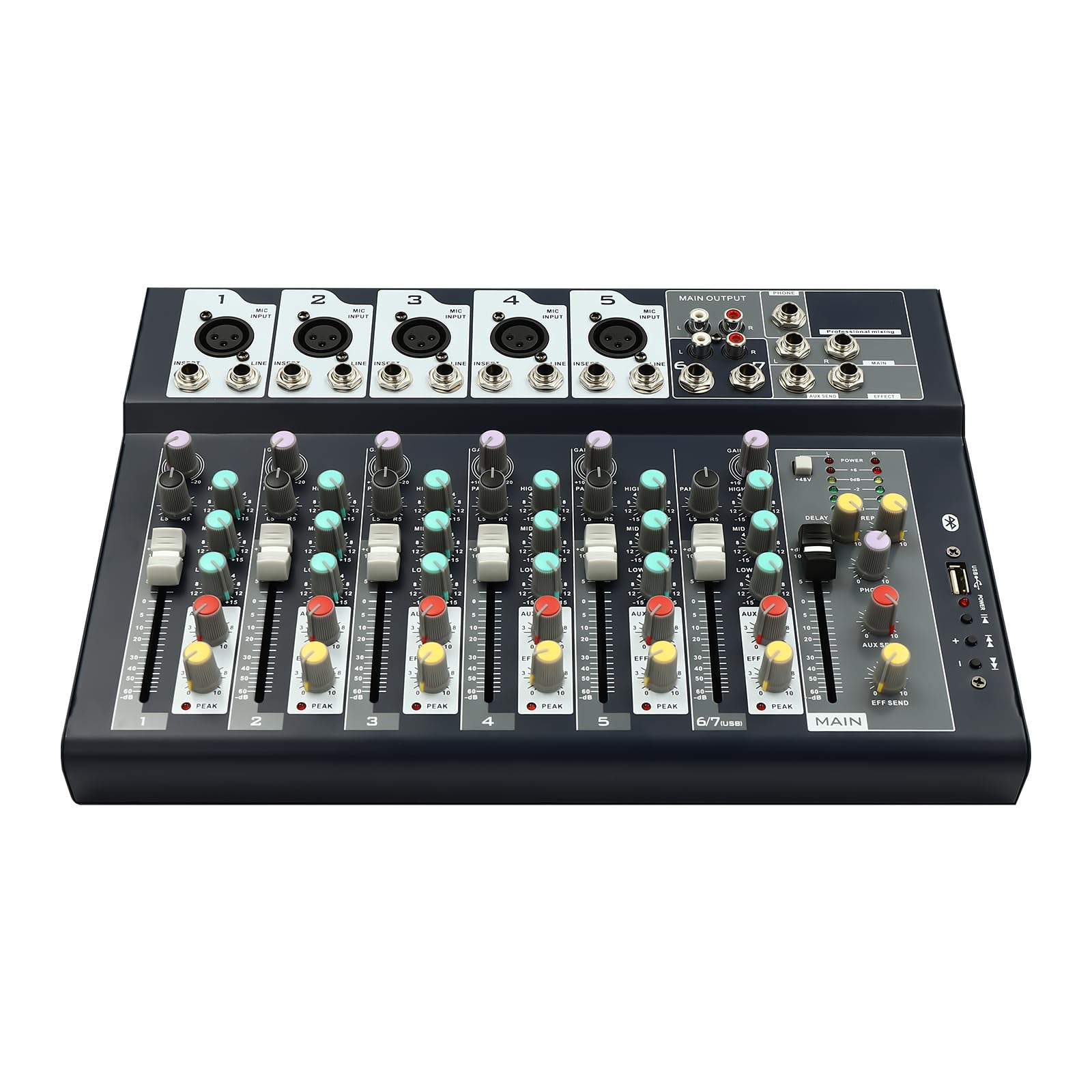 15W Mini Audio DJ Mixer Soundboard Consola Sistema de Consola Batidora Profesional 7 Canales Sonido Mixer Soundboard Consola Bluetooth USB Wireless