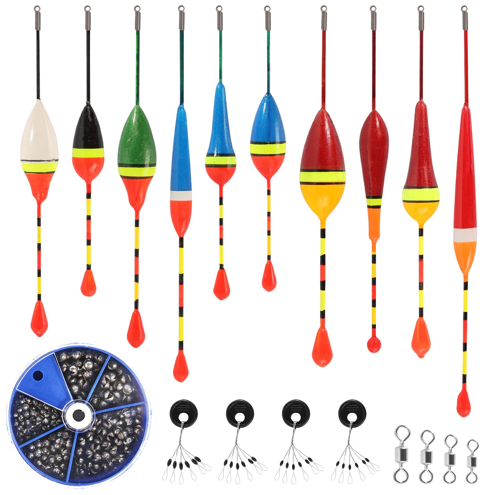 prota Posen Angeln Set, 10 Stück Schwimmer Angeln mit 205 Bleischrot Angeln 4 Achter Spannringe und 4 Angeln Bobber Stopper Angelzubehör für Verschiedene Fischgrößen in Seen