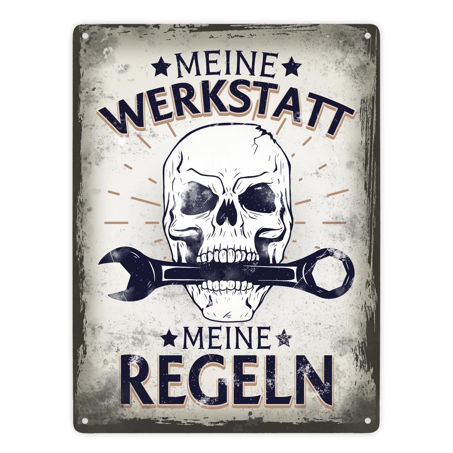 Meine Werkstatt meine Regeln mit trupia Czaszka Metalowa tabliczka XXL 28 x 38 cm jako prezent dla wszystkich hobbystów i majsterkowiczów jako tabliczka na drzwi do warsztatu, aby podkreślić miłość do