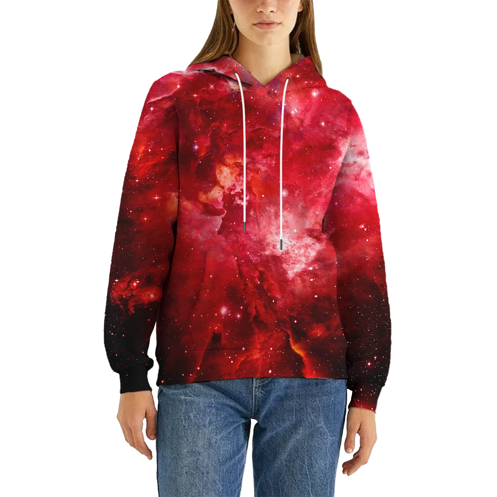 Asylvain Unisex bluzy z kapturem z grafiką 3D fajny design nadruk kolorowa bluza z kapturem dla mężczyzn i kobiet, Droga Mleczna - czerwona, L
