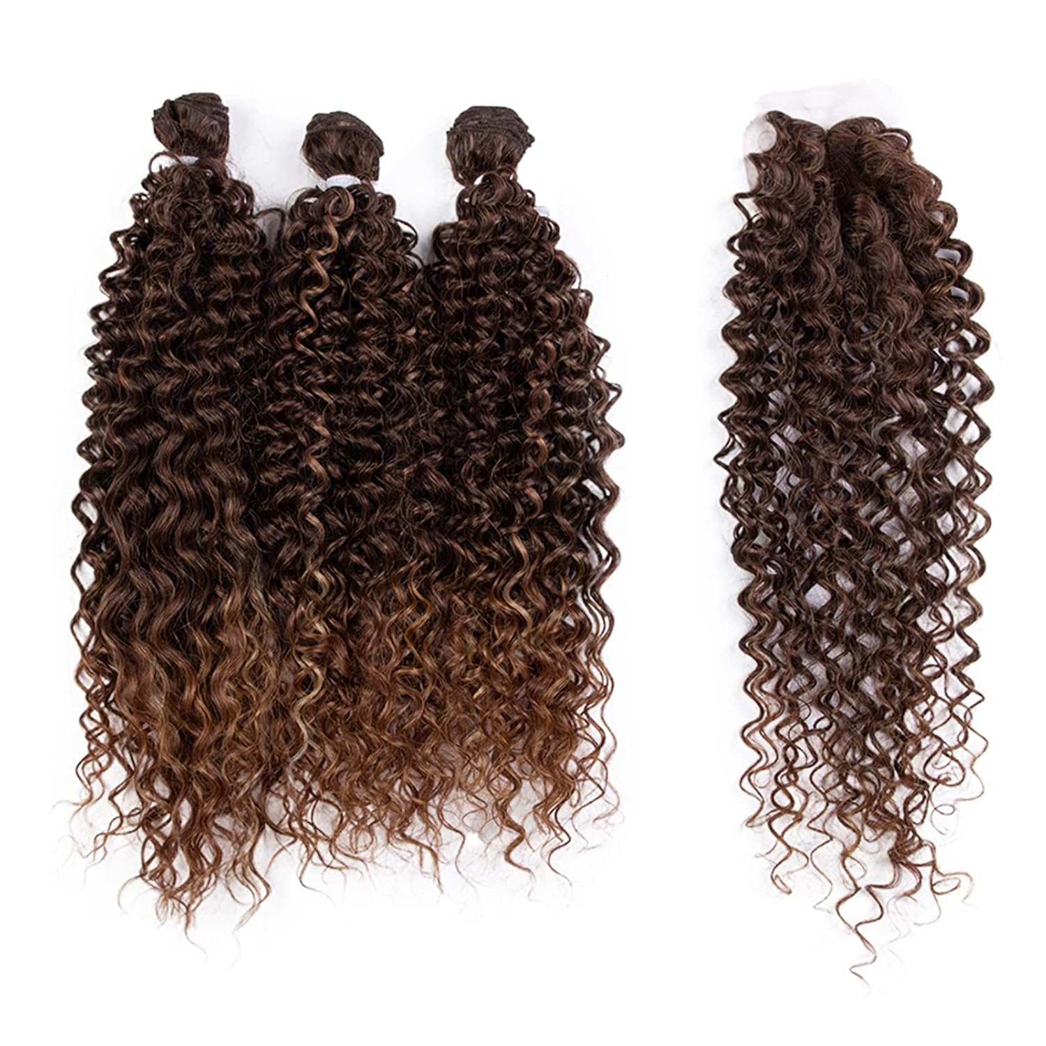 Curly Hair 3 Bundles with Easy Closure Synthetic High Temperature Fiber Long Deep Curly Heat Resistant Hair Weave 4pcs/Pack 16 Inches Total 300g 3 Tones Ombre Highlight Brown Color