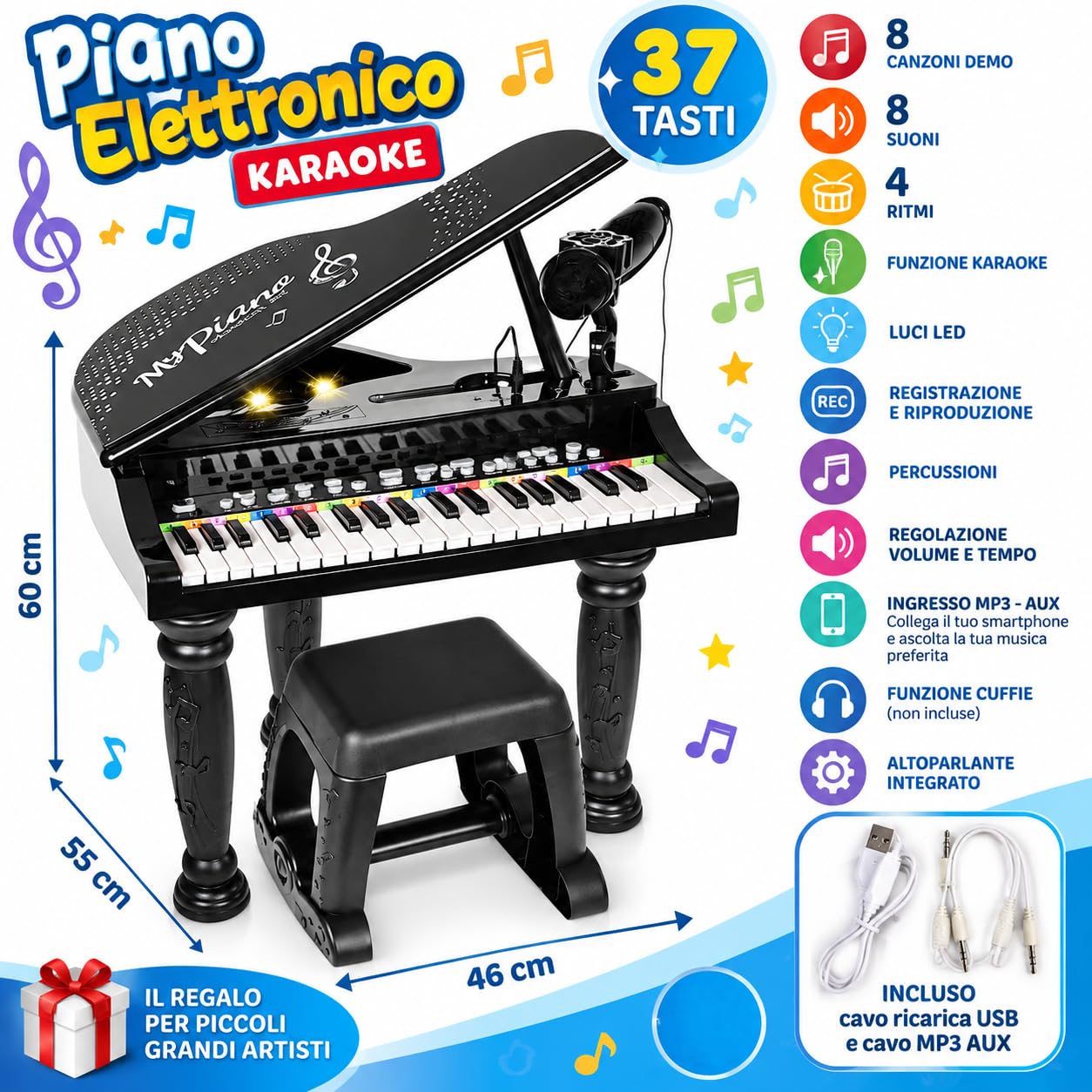 Piano pour enfants avec tabouret, clavier électronique 37 touches avec microphone, connexion MP3, smartphone, piano fonctionnel, bases rythmiques, haut-parleur, fonction enregistrement, lecture (A)