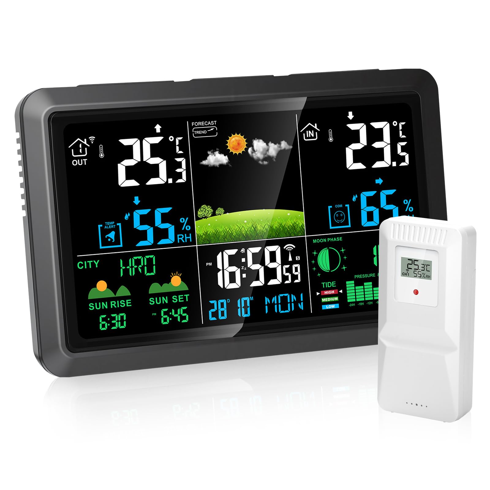 Wetterstation Funk mit Außensensor - Innen und Außentemperatur, Luftfeucht, Luftdruck, Wettervorh, Mondphase, DCF Funkuhr, Batteriebetrieb & Netzbetrieb für Wohnzimmer, Schlafzimmer, Garten