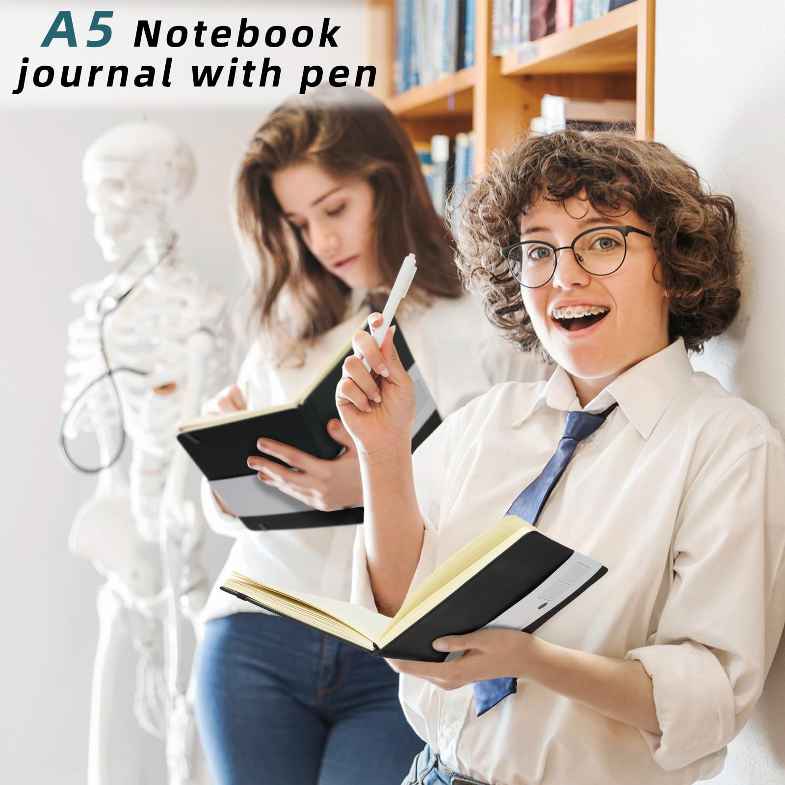 Coopay A5-Tagebuch, Notizbuch mit 24 weißen Stiften, klassisch, liniert, Hardcover, Leder, Tagebuch-Set mit Stifthalter, für Männer und Frauen, Schreiben, Büro, Zuhause, Schule, Business, 100 g/m²,