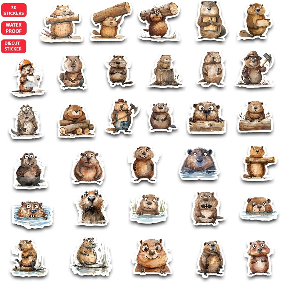 30Pcs Waterproof Beaver Stickers, Die-Cut Vinyl Decals, Cute Wildlife Design for Laptops and Water Bottles