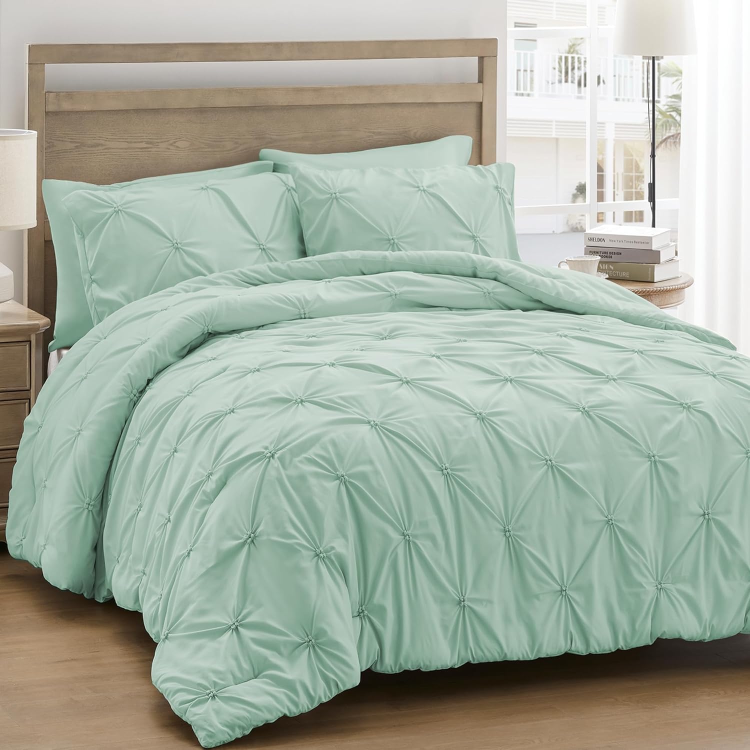 UNIKOME Queen Comforter Set Sage Green - Ultra Soft Boho Pintuck Down Alternative Bedding Set for All Seasons, 3 Pieces Lightweight Warm Pinch Pleat Bed Set with Comforter, 2 Pillowcases