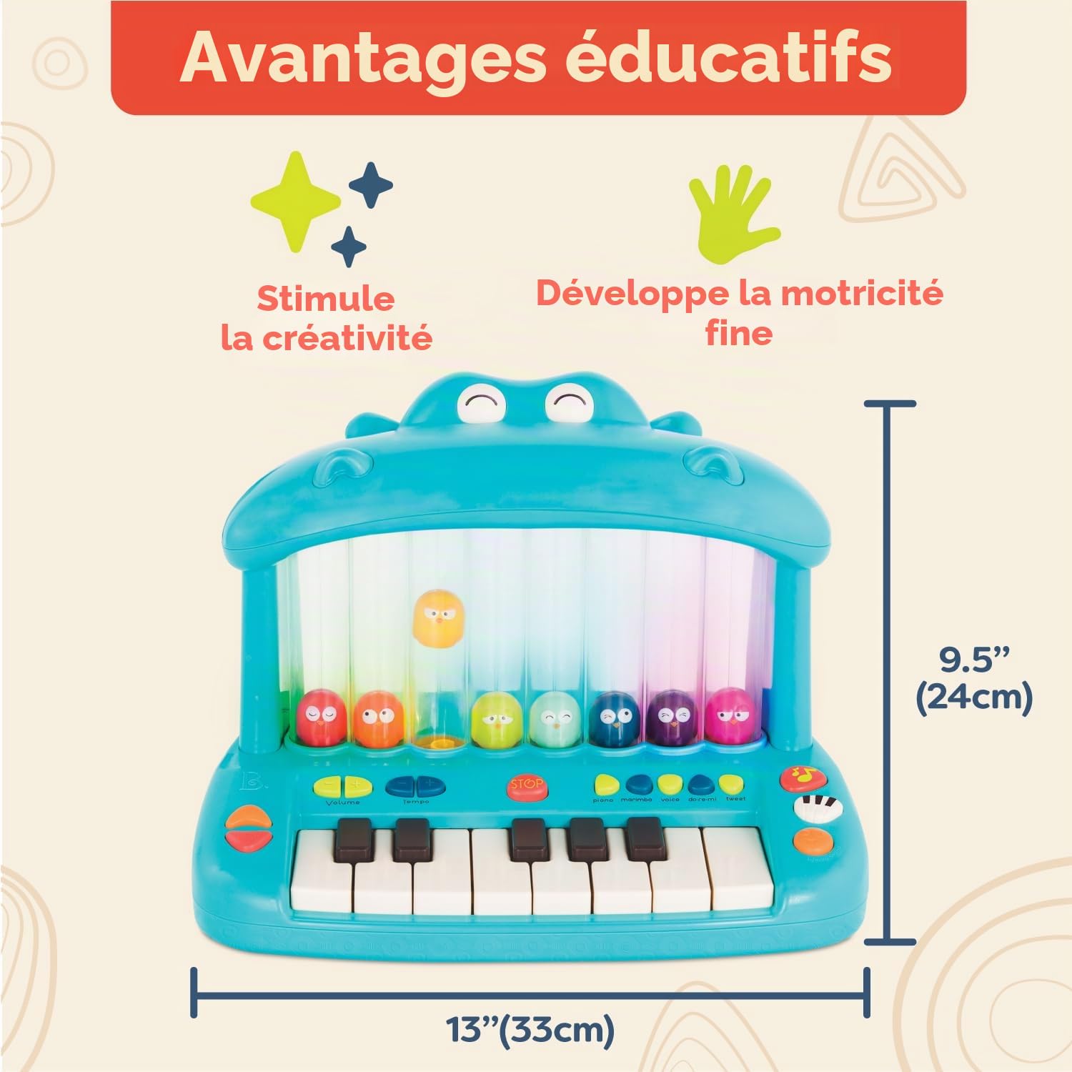 B. toys Hippo Pop Clavier Jouet Lumineux Piano à Oiseaux bondissants | Piano jouet avec 8 touches, 15 chansons, 6 comptines, 26 sons, 5 modes musicaux et réglage du tempo, Lot de 1, 1 ans et +