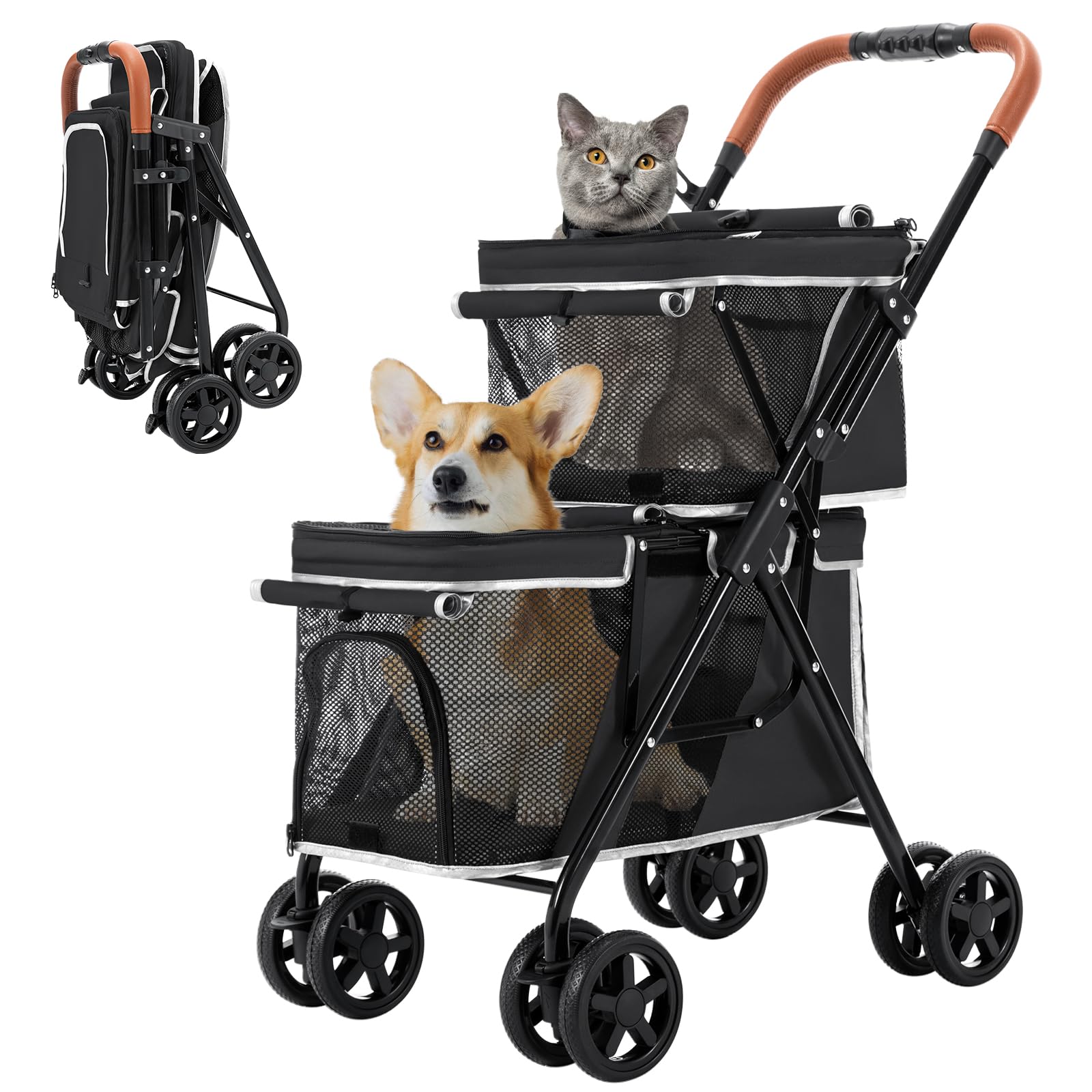 LPOTIUS Double Pet Stroller for Dogs and Cats, One-Hand Folding Dog Stroller Travel Carriage for Small Medium Dogs Cats, 4 Wheels, Black