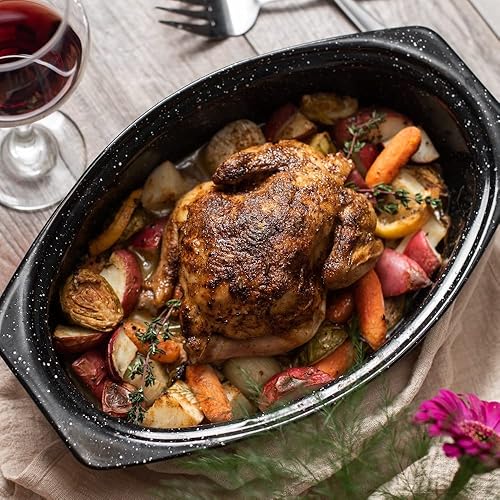 Miniatura 5 de Granite Ware 7 libras Capacidad de 13 pulgadas Asador ovalado cubierto esmalte negro moteado sobre acero