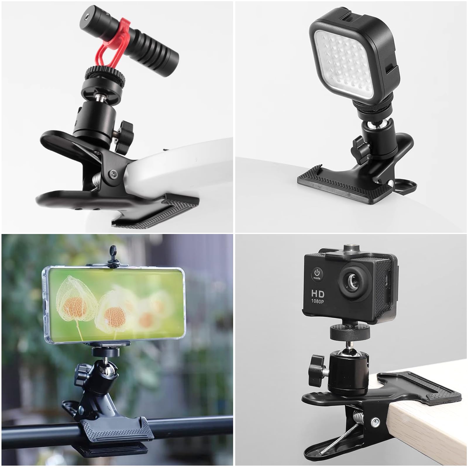 Lot De 2 Pinces Caméra Métal Rotatives 360° – Clip Trépied 1/4" + Rotule, Pour Reflex, GoPro, Flash, Réflecteur Studio
