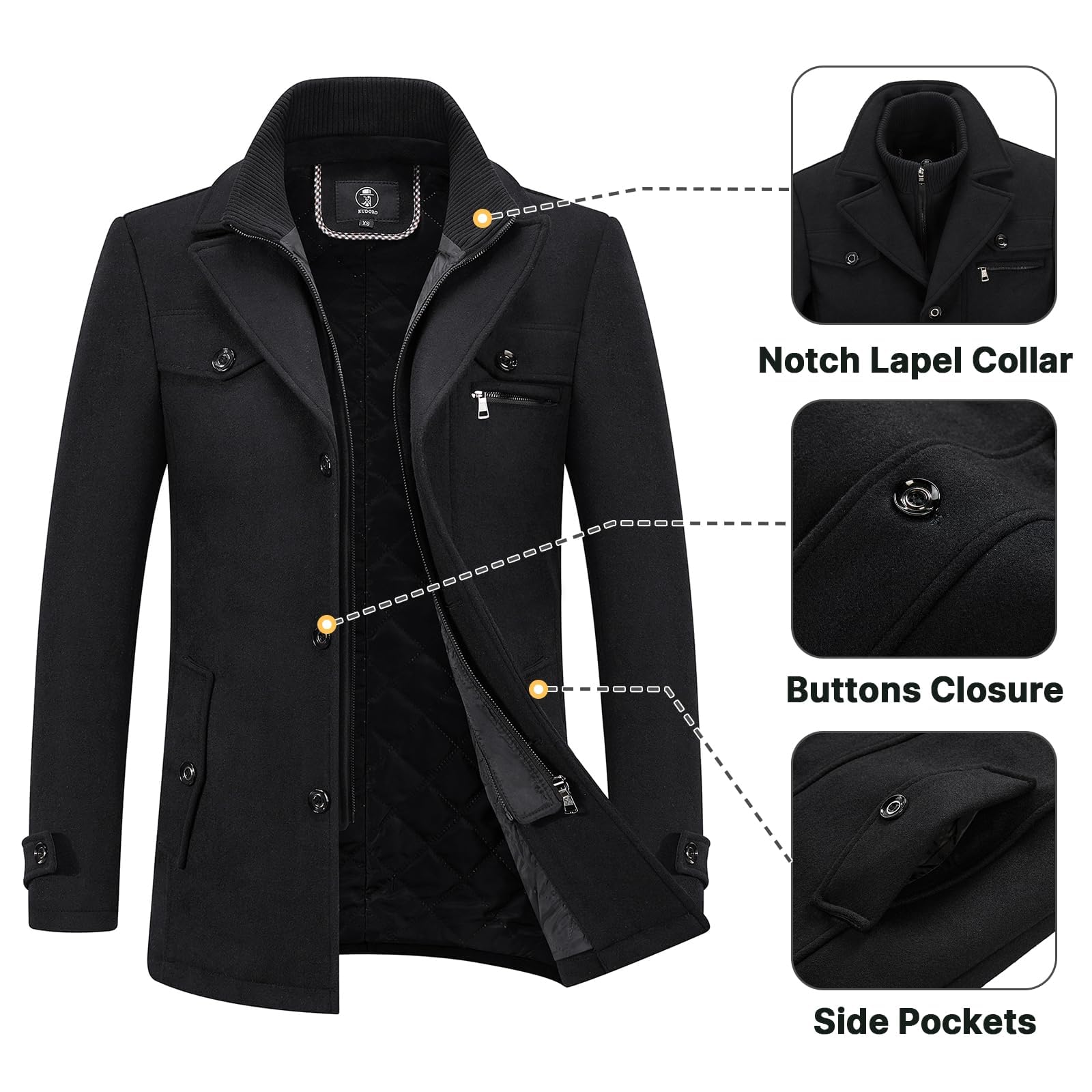 KUDORO Herren Wintermantel Wolle Kurzmantel Wollmantel Mittellang Slim Fit für Business Freizeit Winterjacke Peacoat Casual