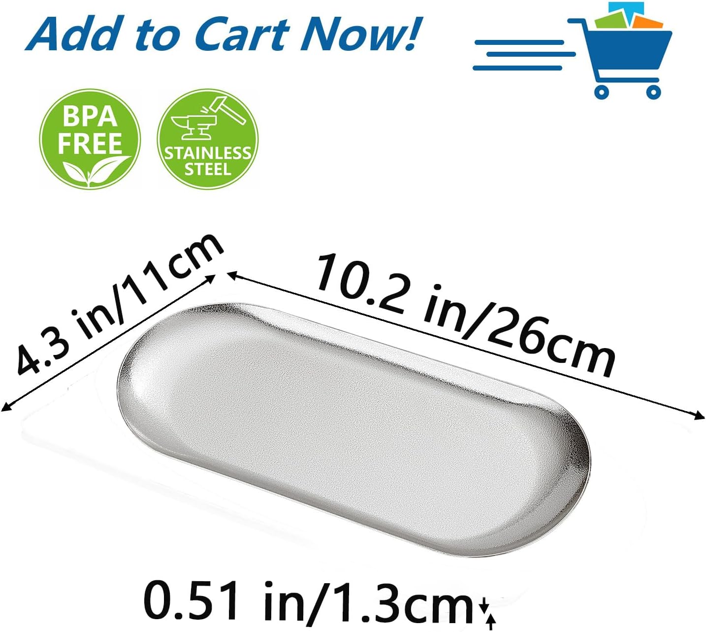 SANQIAHOME 10X4 inch ellipse Appetizer Plates,thick stainless steel Dinner Plates, Pasta Dessert Plates for Sushi, Fruit oven/Dishwasher Safe, Set of 4,silver
