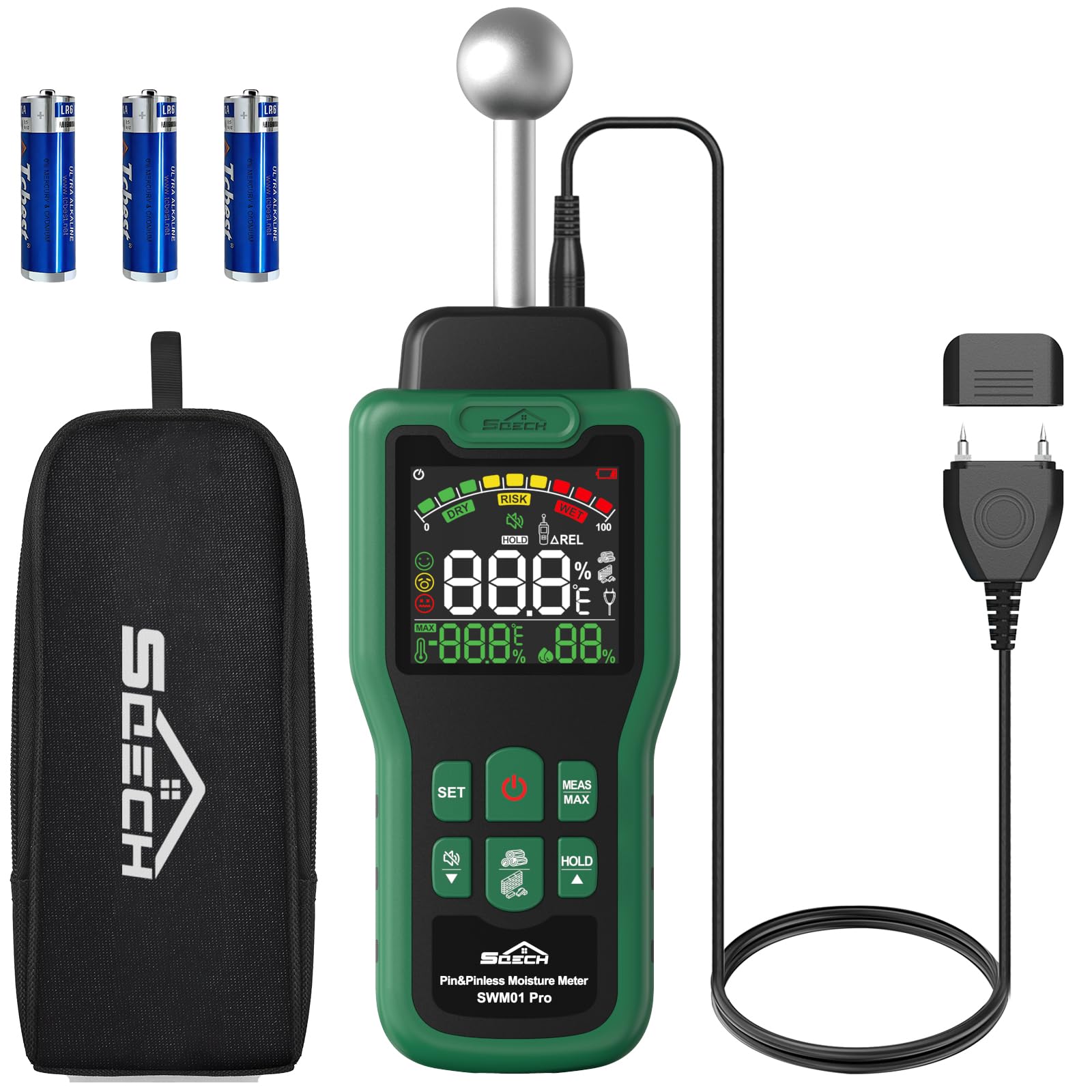 Feuchtigkeitsmessgerät, SQECH Feuchtigkeitsmesser mit Thermometer, Alarm, Multifunktionaler Feuchtemessgerät mit Farb-LCD, Nadel-Sensor für Wand, Holz, Mauerwerk,Wohnwagen, Wohnung