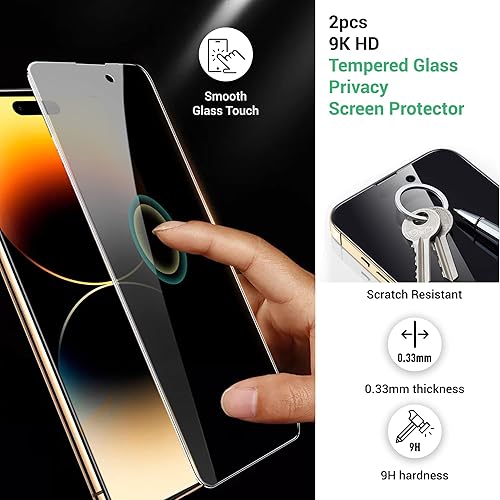 Miniatura 7 de ESENCIAL Paquete de 2 protectores de pantalla de privacidad para iPhone 14 Pro película de vidrio templado privado antiespía compatible con fundas