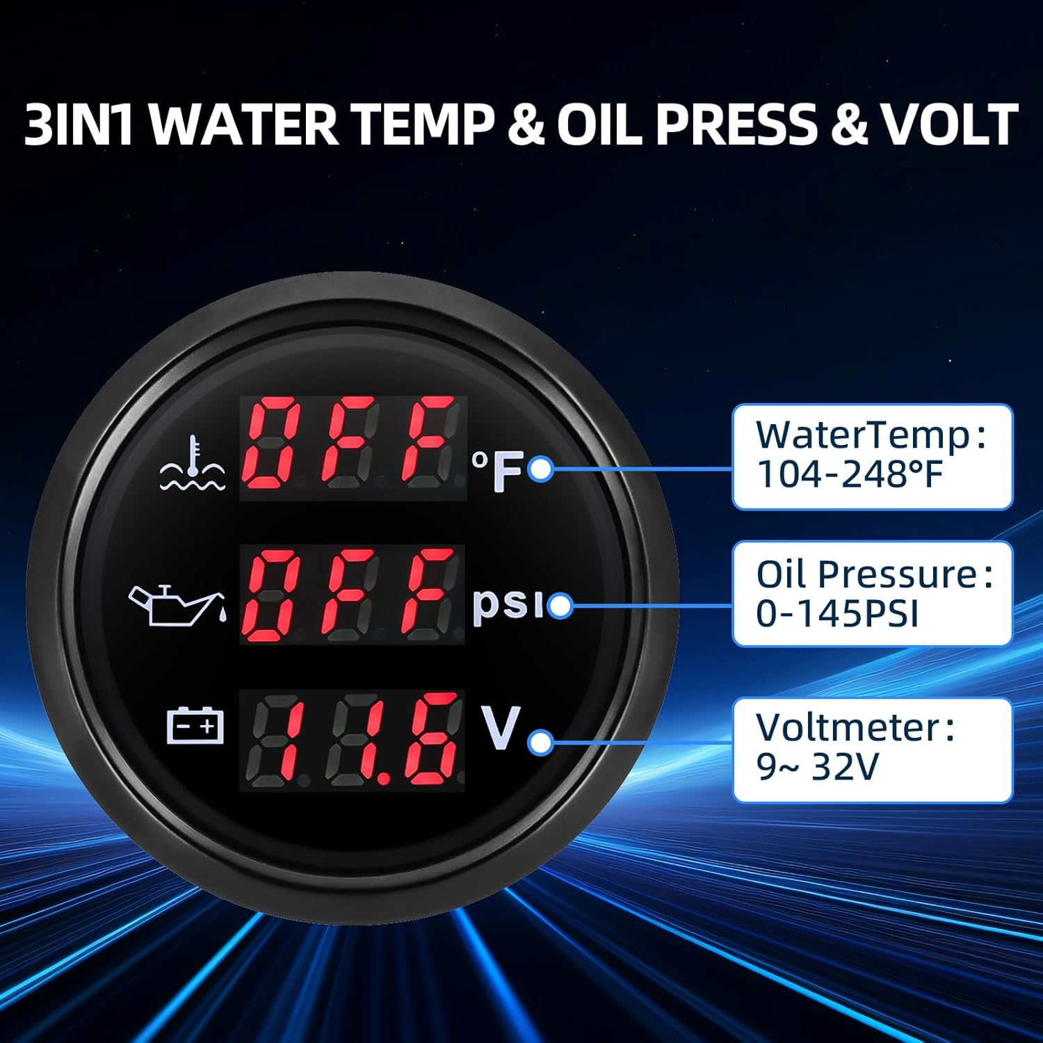 MH Triple Gauge Set - Water Temp (104°F-248°F), Oil Pressure (0-145PSI), Voltmeter (9-32V), AUTO Gauge with Sensors 2" 52mm 3-in-1 Boat Marine Meter Kit (Black)