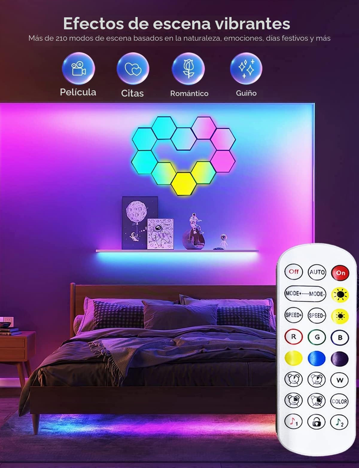 Luces LED Hexagonales, Panel LED RGB Lampara LED Pared App y Control Remoto, Paneles LED Luces Gaming Sincronizar con Música, Luces LED Habitación Geometría para Decoracion Gaming Salón,7 Paneles