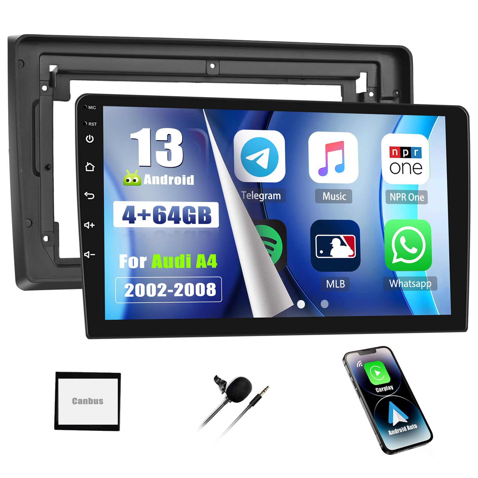 SIXWIN 4+64G Autoradio Android 13 per Audi A4 S4 RS4 8E B6 B7(2000-2009) con CarPlay/Android Auto/Mirror Link,9 Pollici HD TouchScreen Schermo Navigatore WiFi Bluetooth 5.0 RDS/FM 32EQ