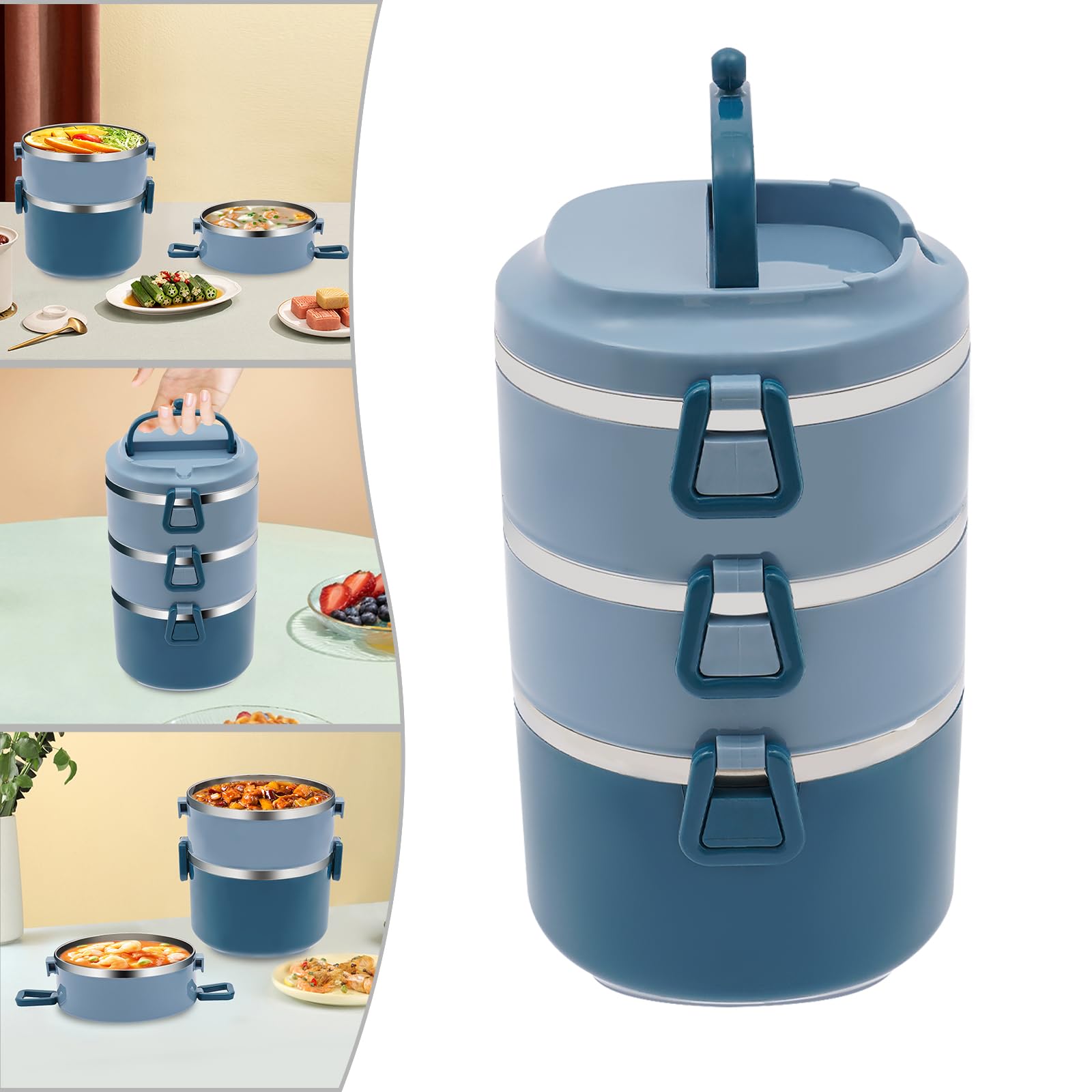 Boîte à déjeuner à 3 étages empilable Bento - 2400 ml - En acier inoxydable - Grande boîte à bento pour la maison, le travail, le bureau et l'école - Bleu