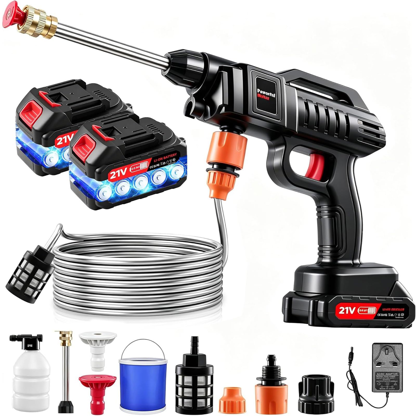 Worshow Cordless Pressure Washer, 60Bar Portable Power Washer, 21V Battery Jet Washer with 5M Hose, 2 Batteries, Foam Pot, Bucket, 1500W Electric Patio Cleaner Tool for Car/Garden, Cleaning & Watering