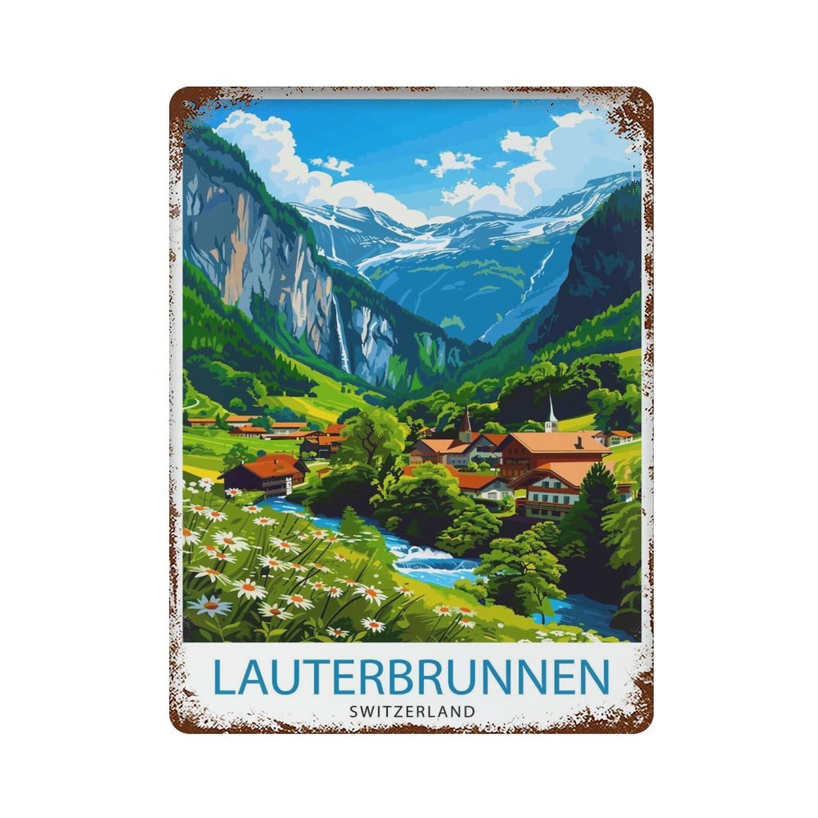 xiaoxiaoshen Lauterbrunnen Switzerland Alpine Valley Swiss Waterfall Mountain Village Alps_3 Wall Decor Art Metal Tin Poster Modern Home Decor Art Home Bar Shop Decorations Vintage Sign 40x30cm