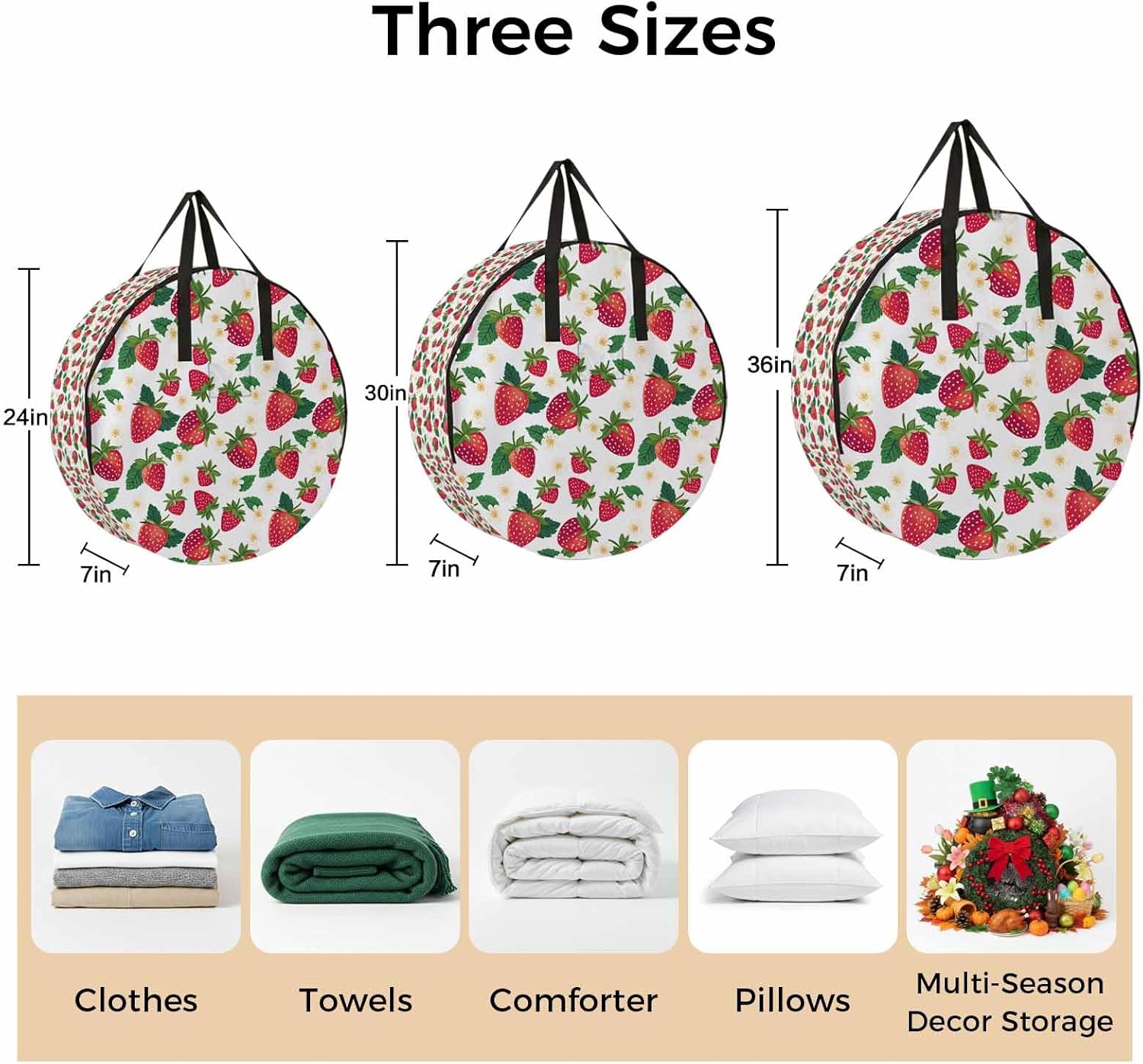 Storage Bag Strawberry Round Storage Totes Bins Closet Organizers with Zippers & Handle Cute Floral Fruit Clothes Storage Container for Bedroom Dorm Space Saving Packing Supplies Moving Bags