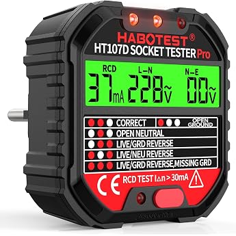 Socket Tester with RCD Test Socket Tester with Indicator Light Display 6 Types of Fault Diagnosis Voltage Tester FI Tester 90-250V/45-65Hz CAT ll 300V