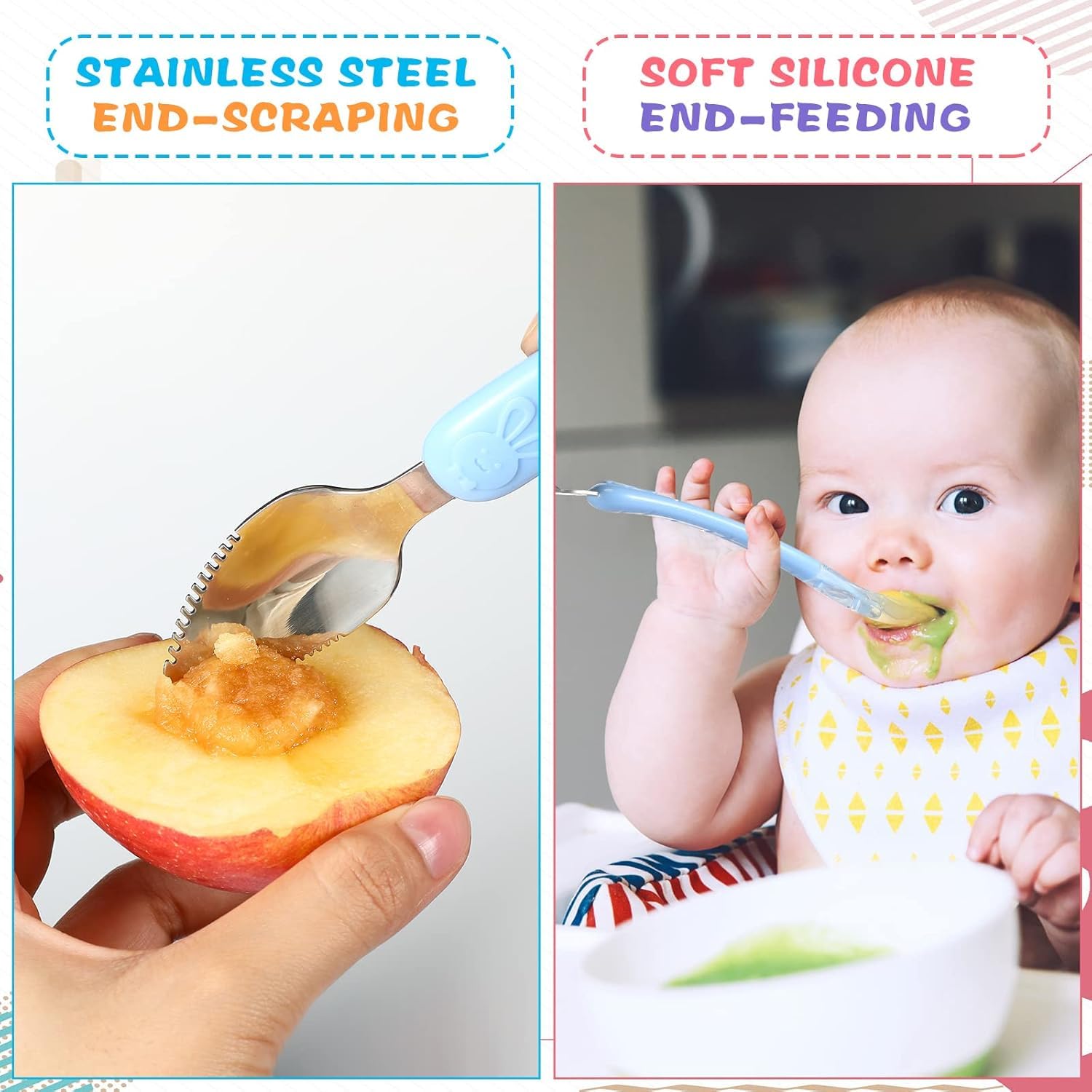 TONY STARK Baby Double Side Head 2 in 1 Silicone Food Spoon, Stainless Steel Fruit Scraper for Baby & Toddler, Fruit Scraping & Feeding Spoons with Travel Case (Pack of 1 - Multi Color), 22 Cm 4