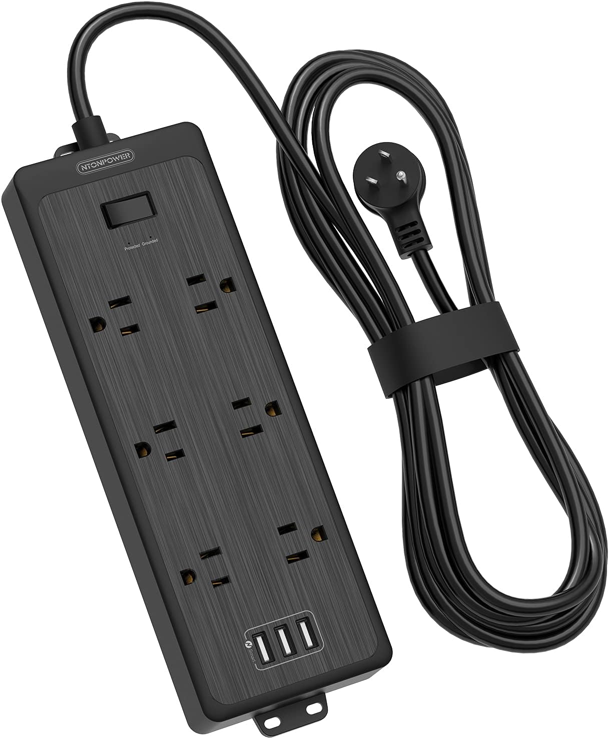 NTONPOWER Flat Plug Power Strip with 3 USB Ports, Power Strip with 6 Extra Widely Spaced Outlets, 1700 Joules Surge Protector, 15A Circuit Breaker, Black, Extension Cord 15 ft 15FT 6 Outlets