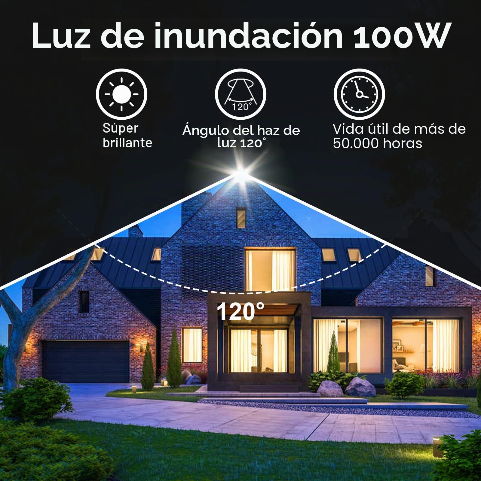 Focos LED Exterior 100W, 2Pcs 10000LM Potente Luces, Proyector 6500K Blanco Frío, Impermeable IP66 Aplique Pared Para Jardín Patio Pasillo Garaje