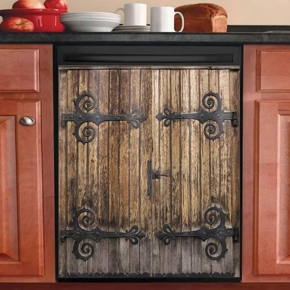 Retro Wood Door Dishwasher Magnet Cover, Creative Kitchen Appliances Panel Decorate Refrigerator Front Door Magnets Decals 23inch W x 26inch H