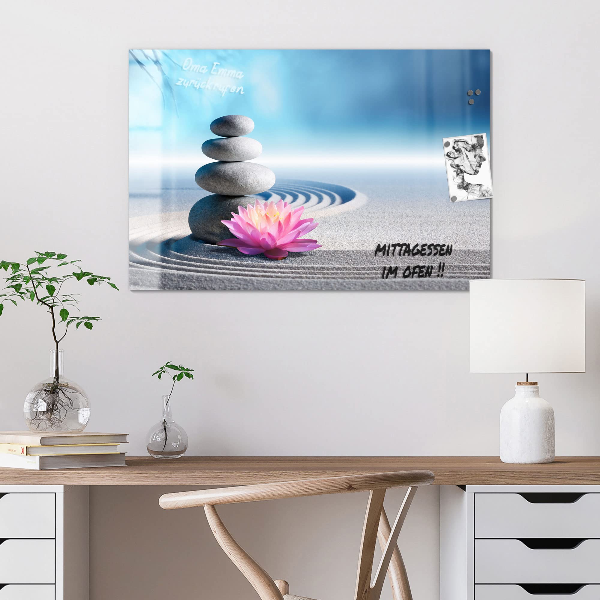 DEQORI Szklana tablica magnetyczna | rozmiar 90 x 60 cm | motyw "Motyw ogrodu Zen" | tablica memo ze szkła | tablica magnetyczna z magnesami, pisakiem i chusteczką do kuchni i biura | tablica magnetyczna i do pisania