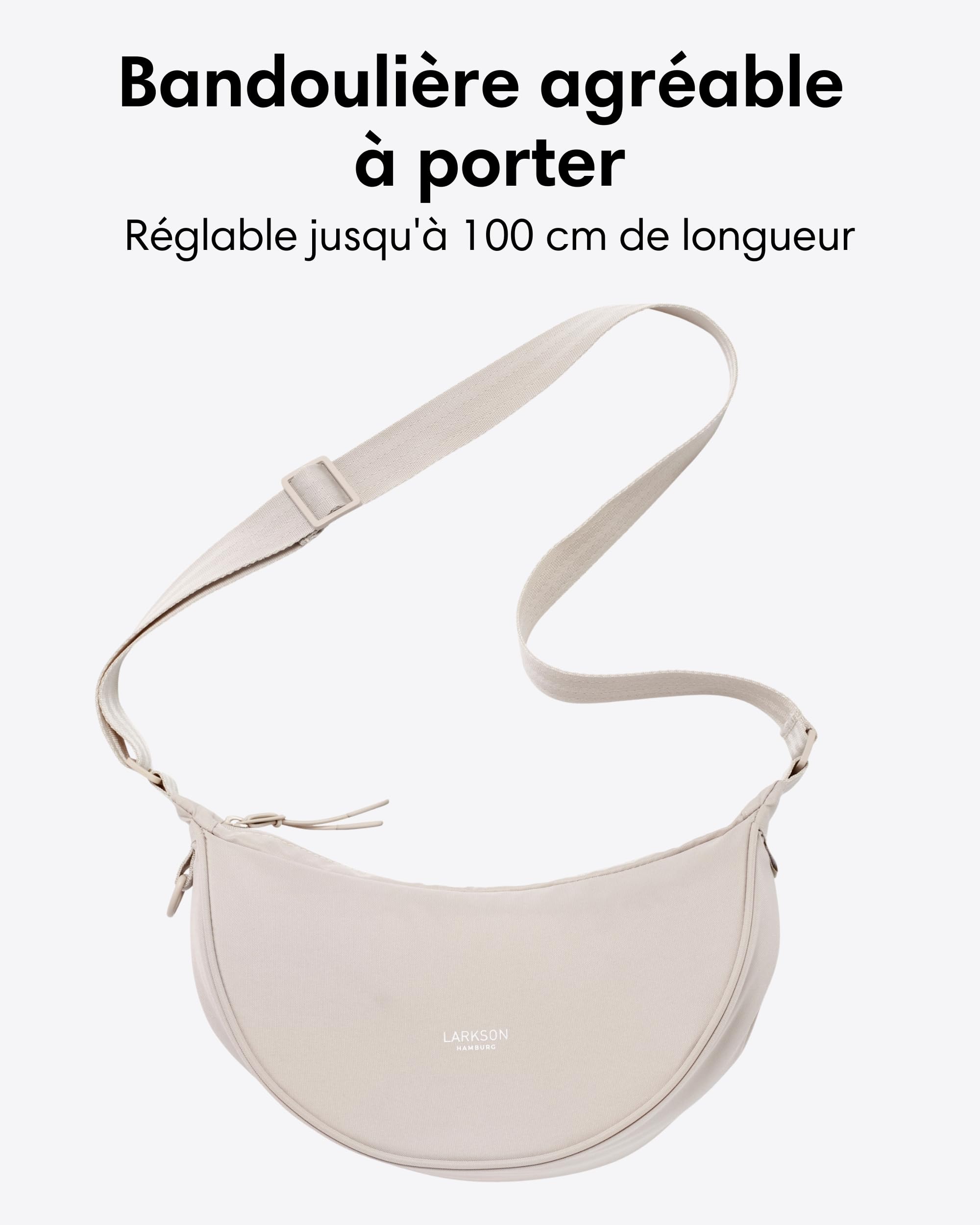 LARKSON Sac Bandoulière Femme Beige - Solveig Small - Sac a Main Tendance pour Voyage, Shopping, Quotidiens - Sac Banane Tissu - Petit Sacoche Demi Lune - Imperméable