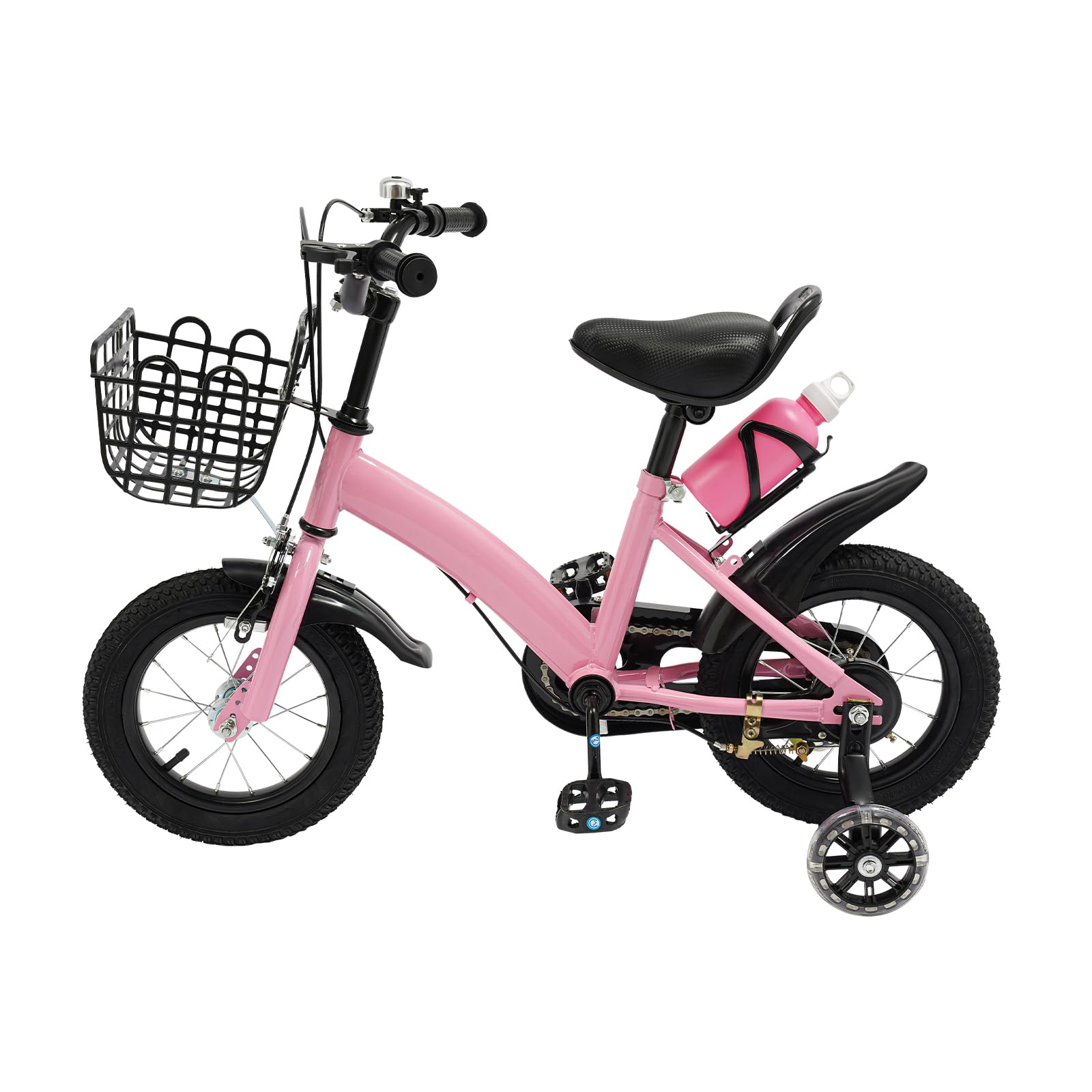 Bicicletta per bambini da 12 pollici a partire dai 2 ai 5 anni, manubrio e sedile regolabili in altezza, bicicletta per bambini con ruote di supporto, cestino e bottiglia d'acqua, colore rosa, robusta