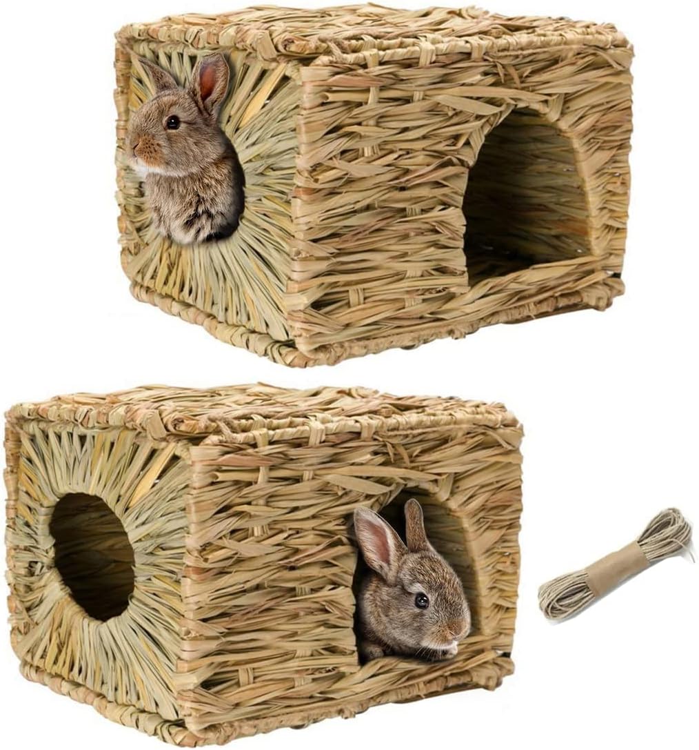 2PCS Grass House for Rabbit, Natural Hand Woven Seagrass Play Hay Bed